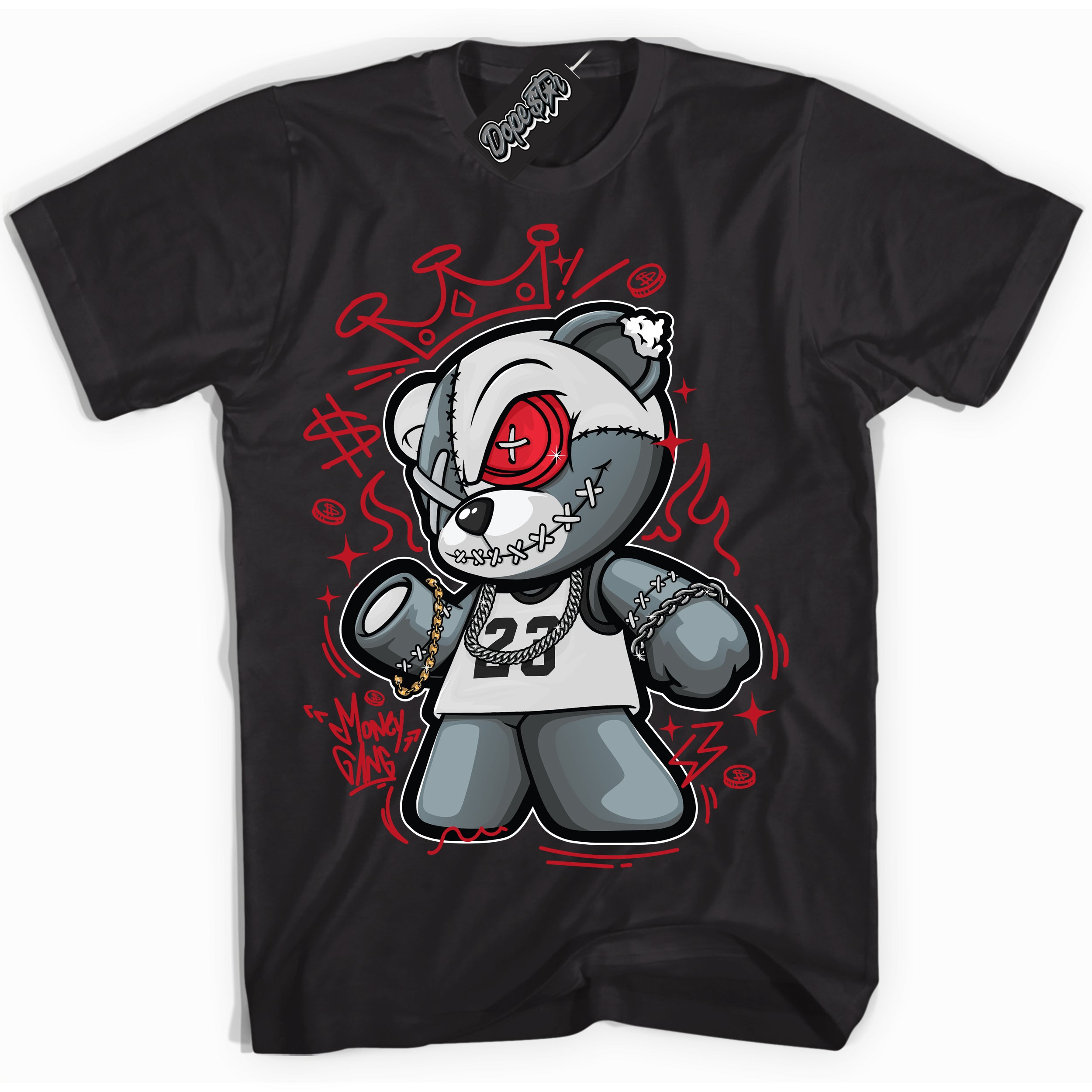 Cool Black Shirt with “ Money Gang Bear ” design that perfectly matches Trophy Room 1s Jordans.