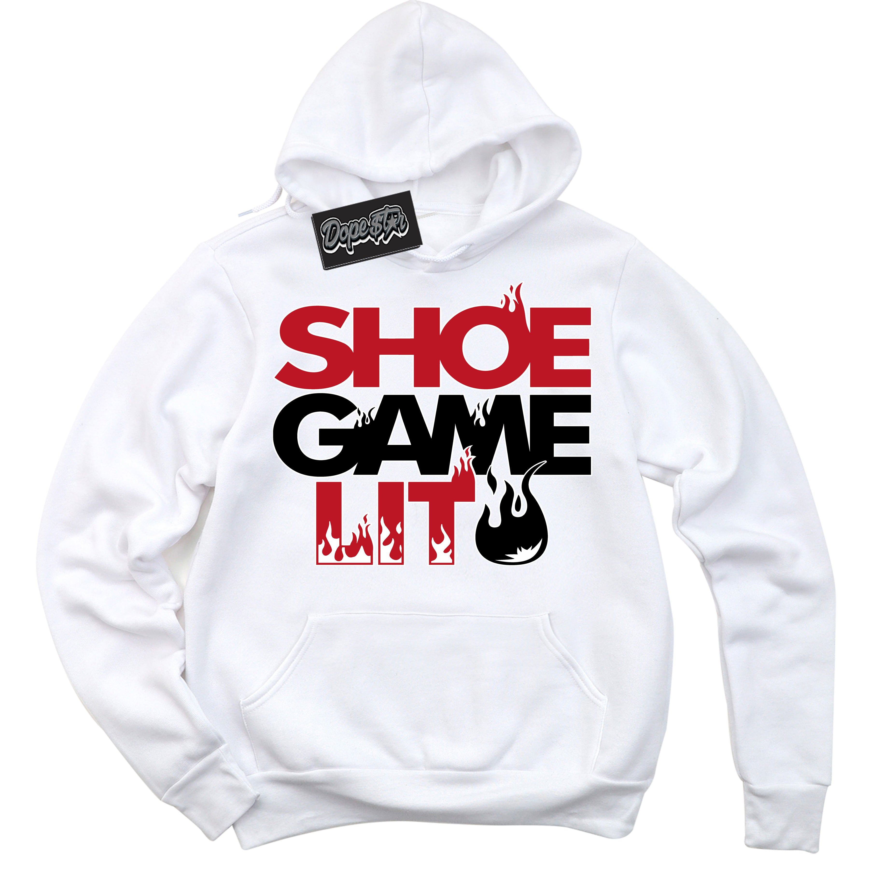 Cool White Hoodie with “ Shoe Game Lit ” design that Perfectly Matches Trophy Room 1s Jordans.