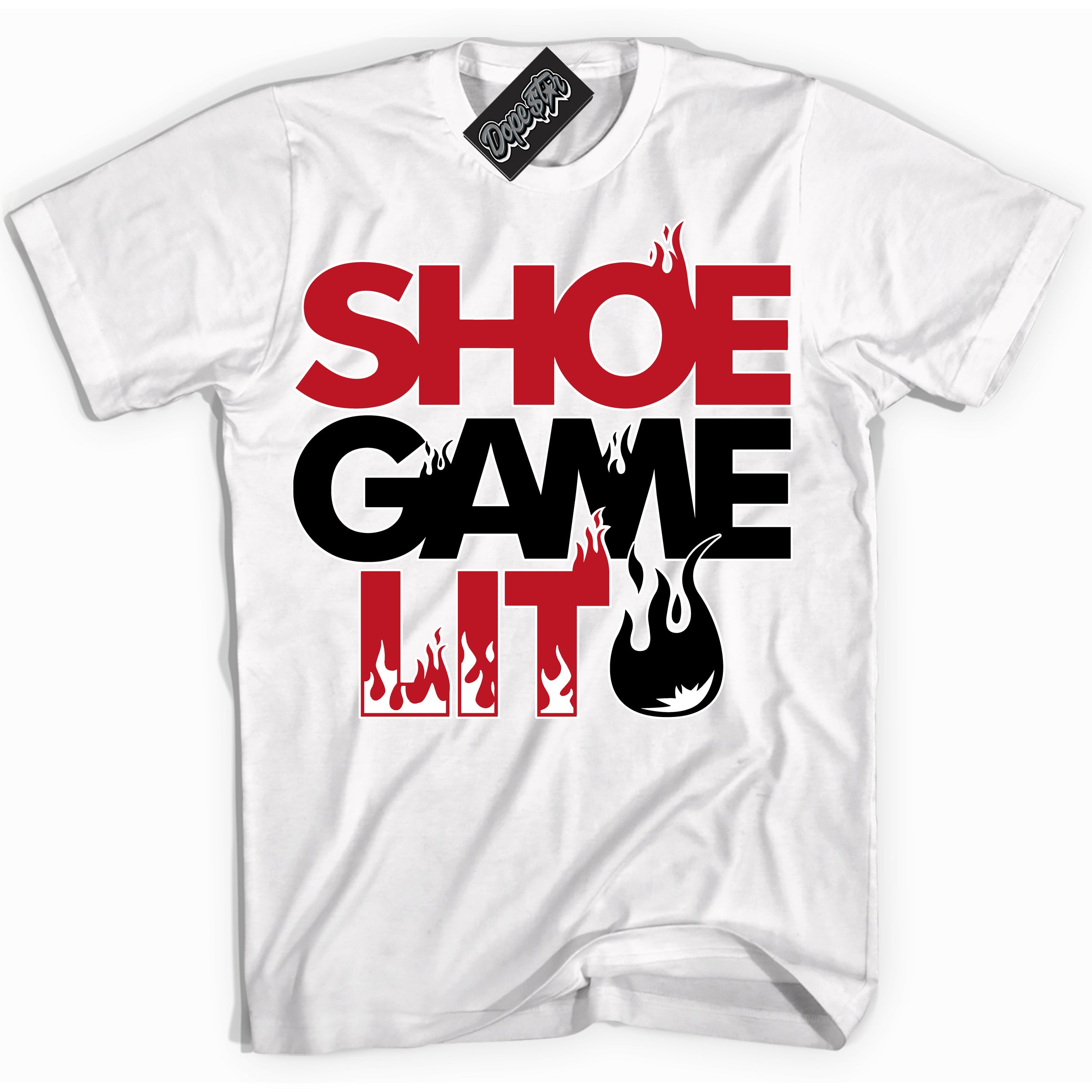 Cool White Shirt with “ Shoe Game Lit ” design that perfectly matches Trophy Room 1s Jordans.