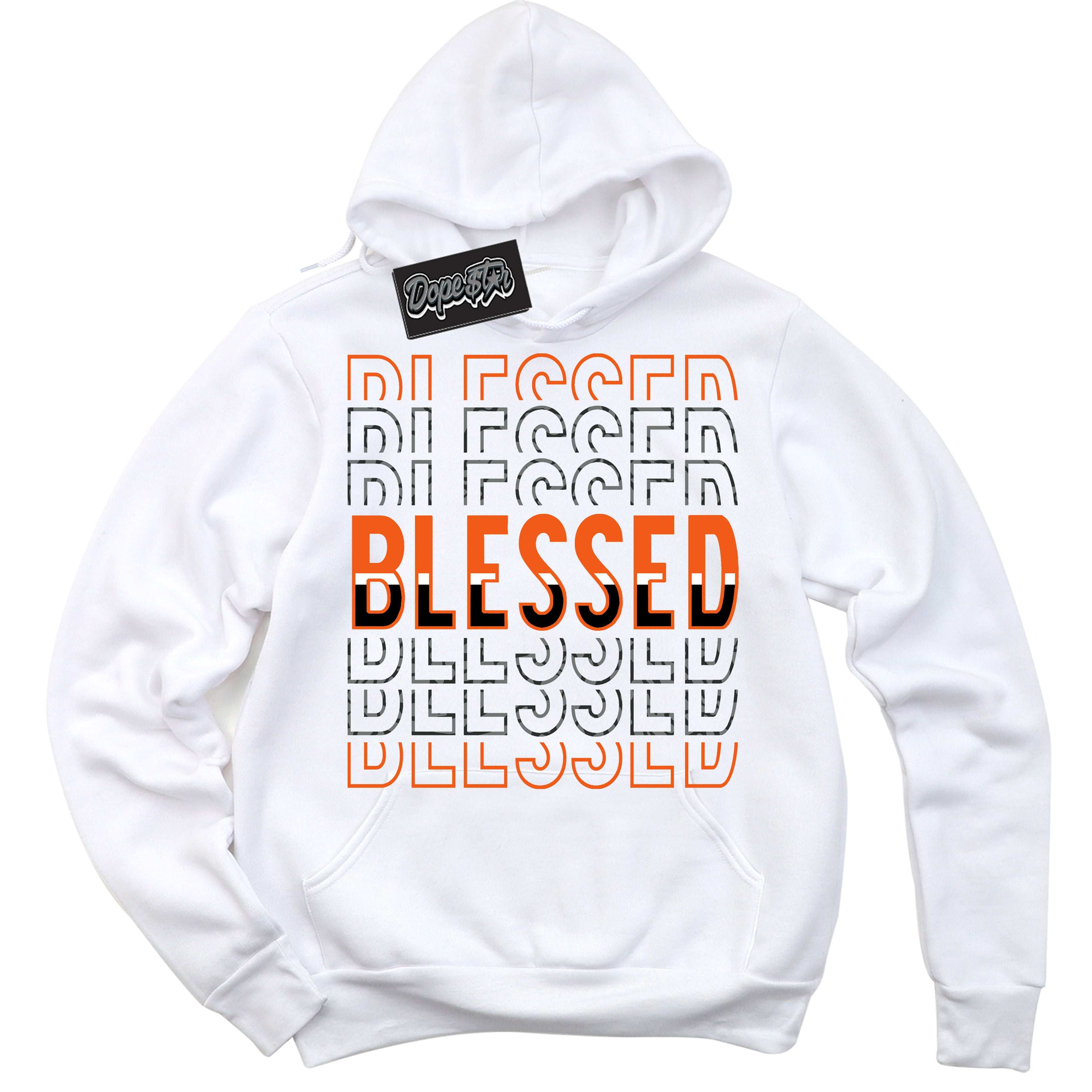 Cool White Graphic DopeStar Hoodie with “ Blessed Stacked “ print, that perfectly matches Fear Pack 3s sneakers