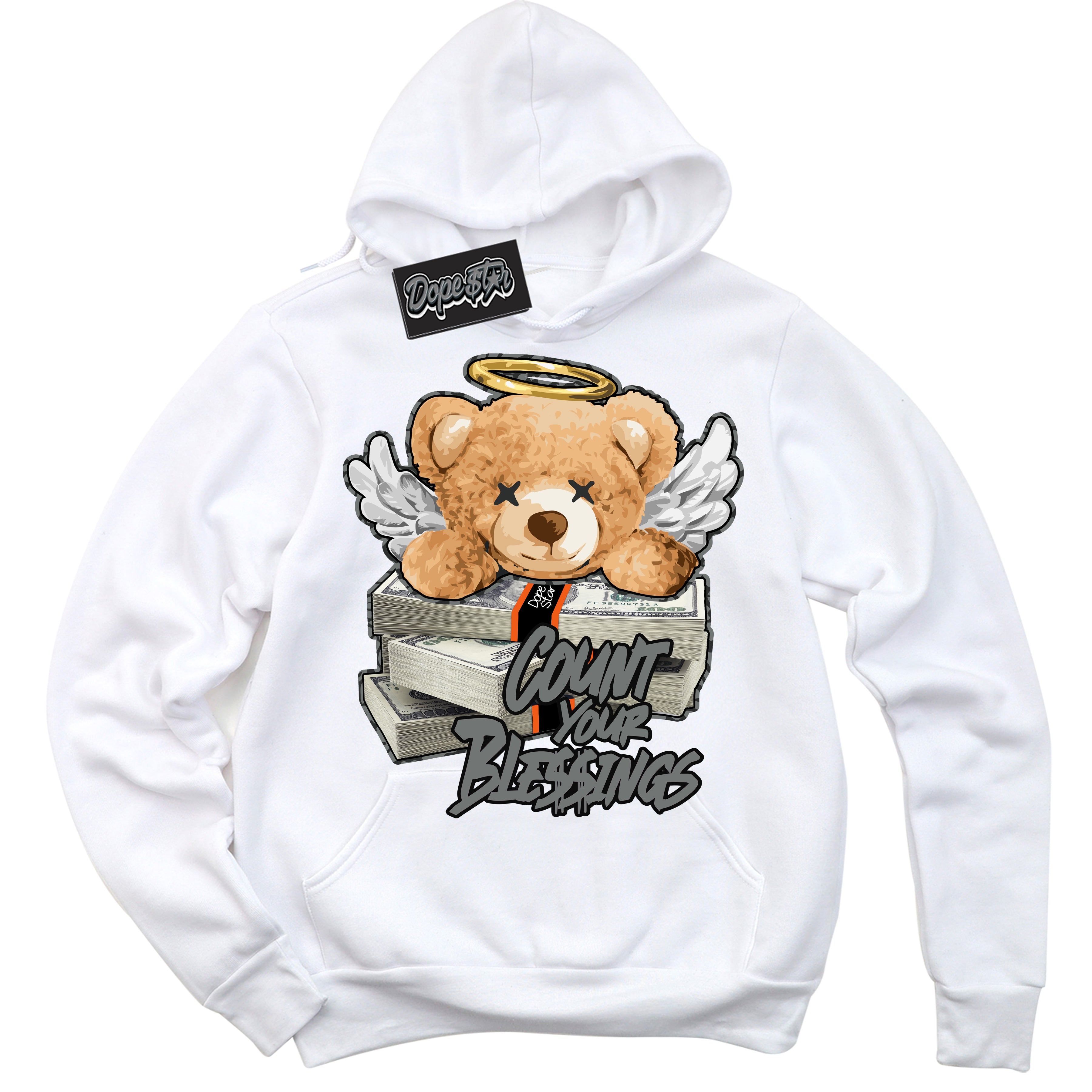 Cool White Graphic DopeStar Hoodie with “ Count Your Blessings “ print, that perfectly matches Fear Pack 3s sneakers