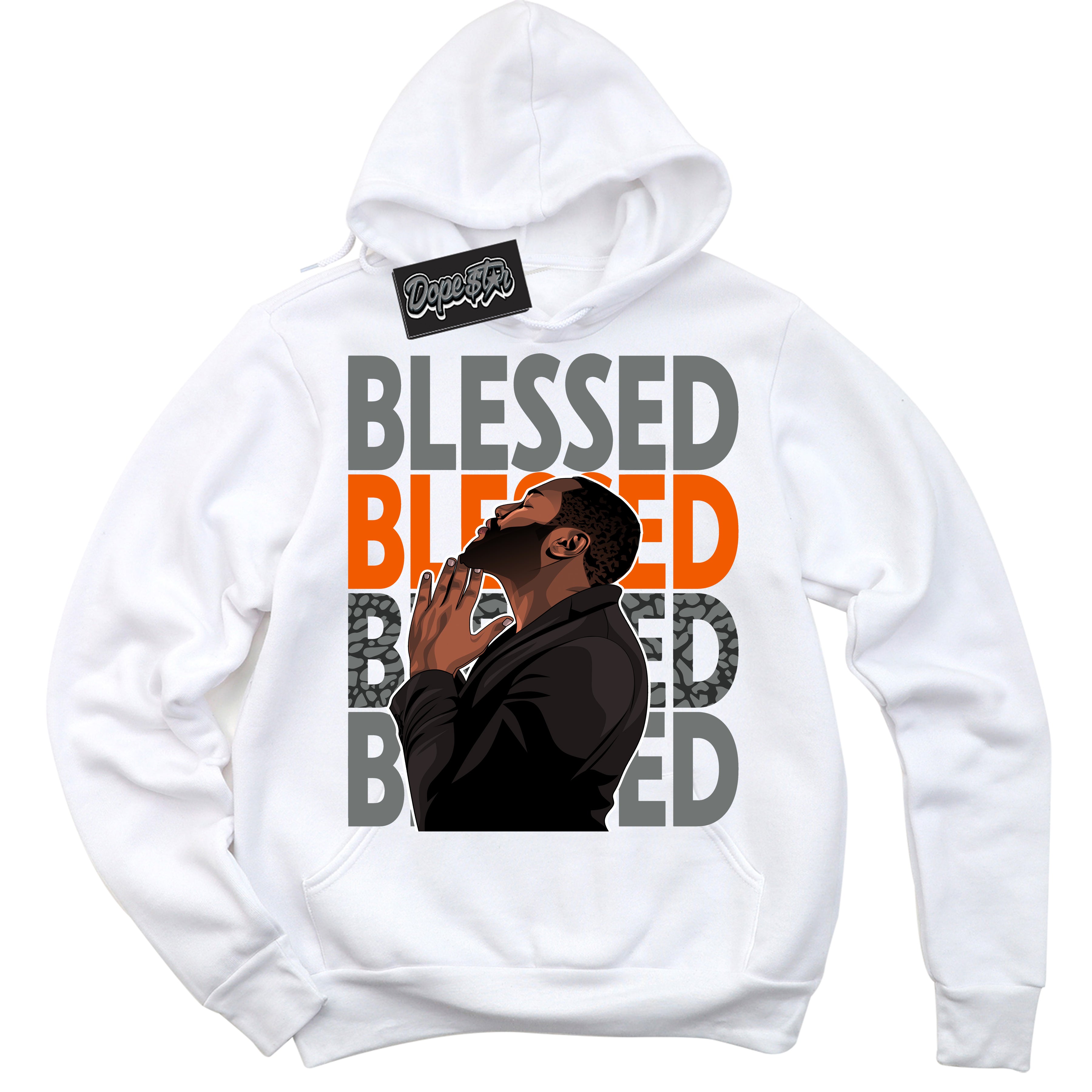 Cool White Graphic DopeStar Hoodie with “ God Blessed “ print, that perfectly matches Fear Pack 3s sneakers