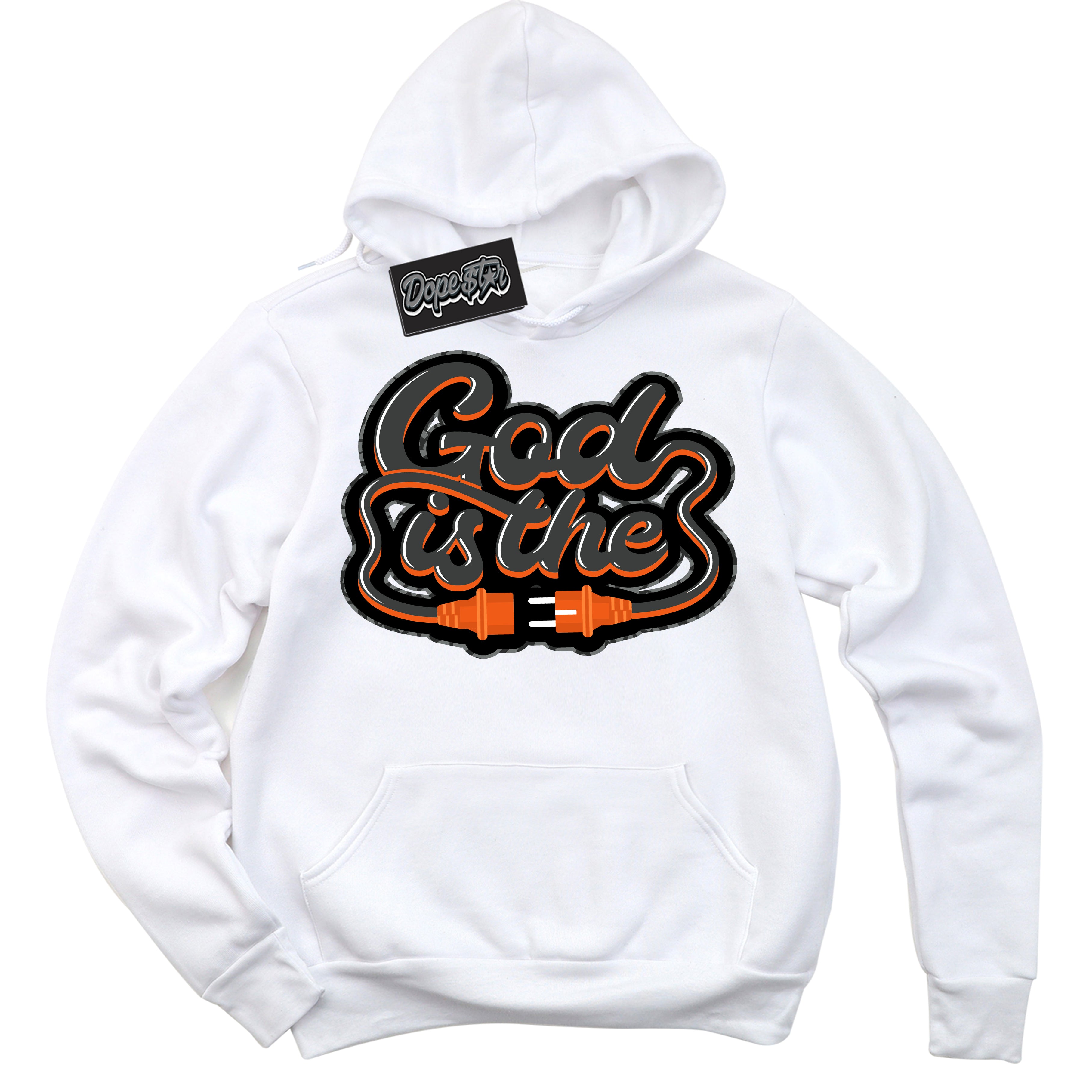 Cool White Graphic DopeStar Hoodie with “ God Is The “ print, that perfectly matches Fear Pack 3s sneakers