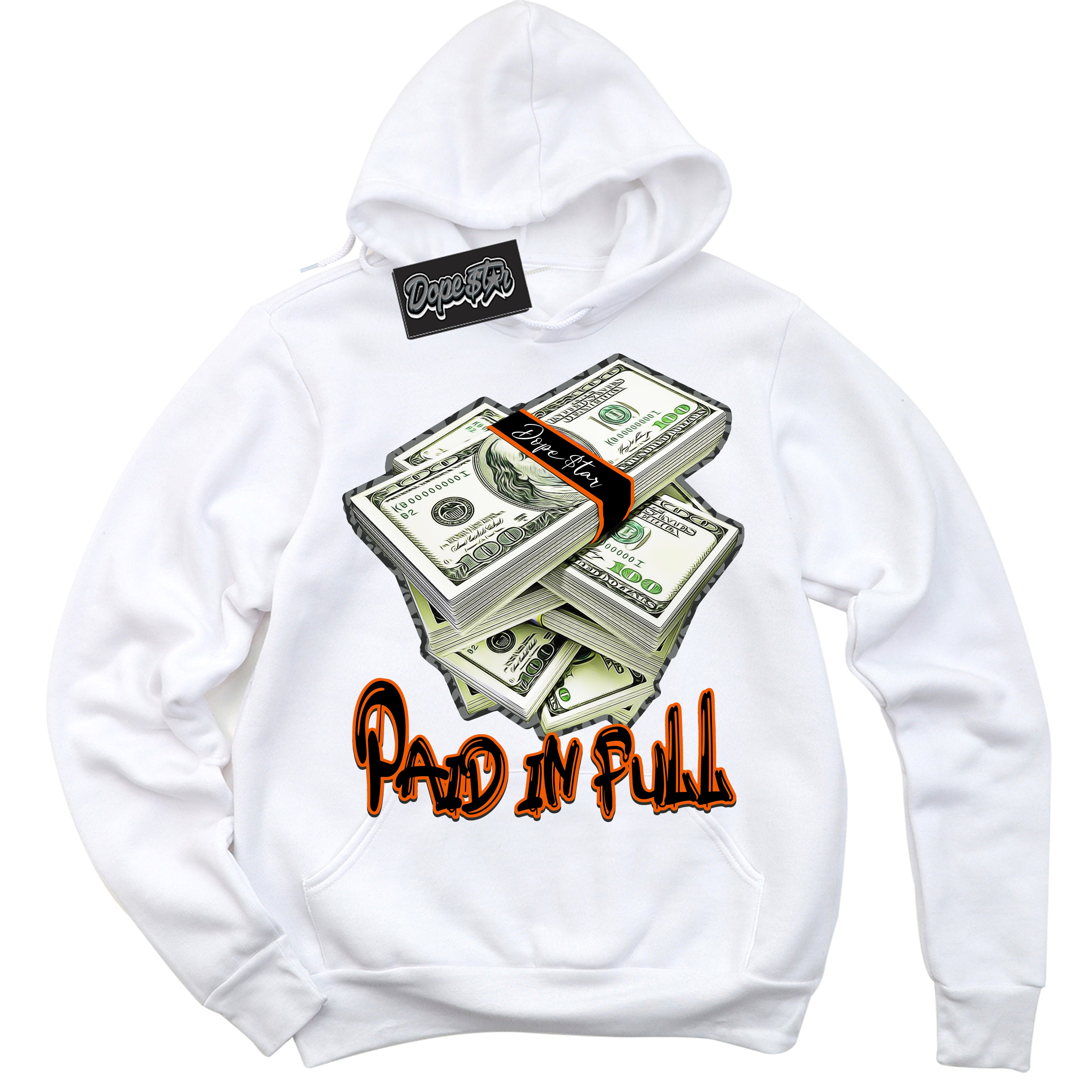 Cool White Graphic DopeStar Hoodie with “ Glow Paid In Full “ print, that perfectly matches Fear Pack 3s sneakers