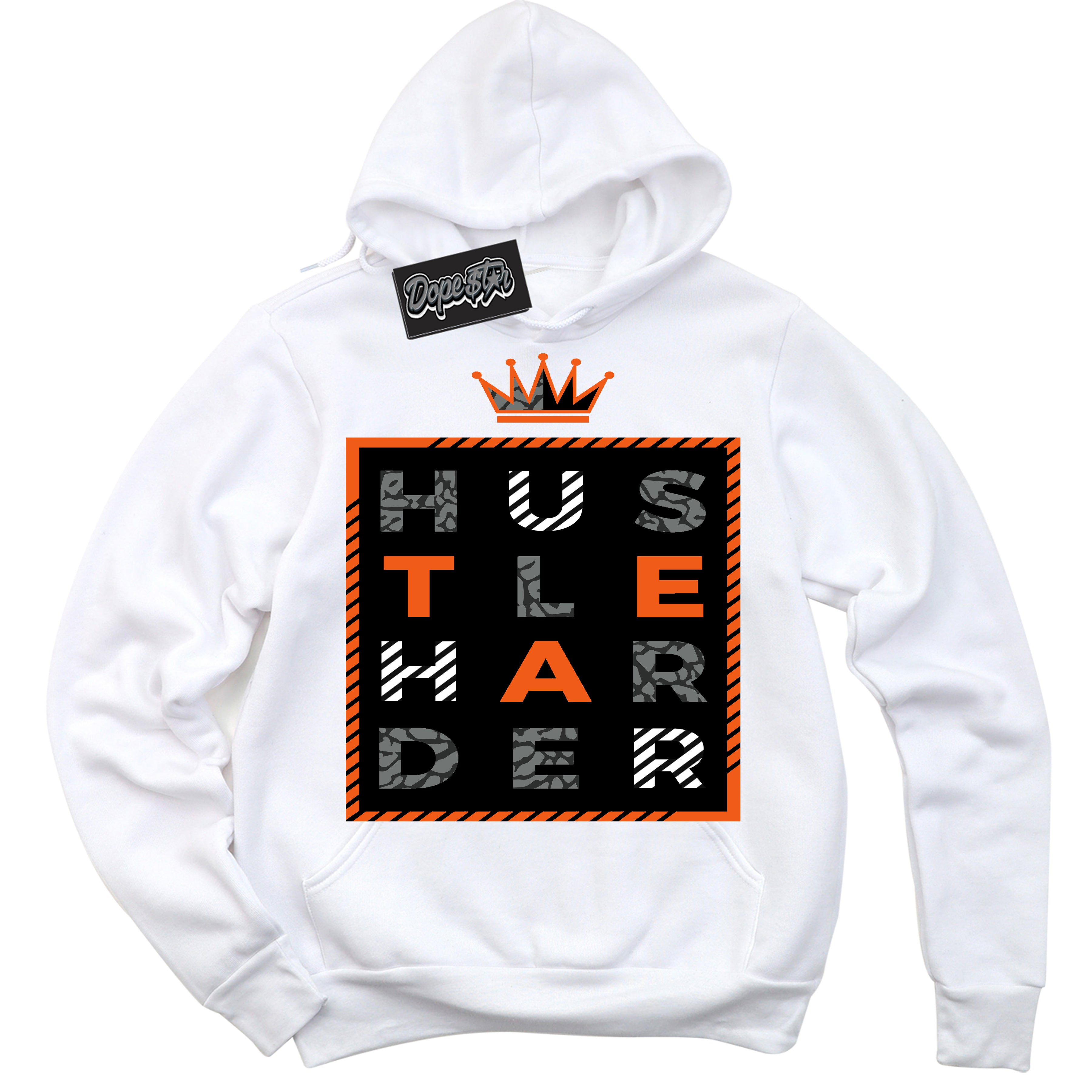 Cool White Graphic DopeStar Hoodie with “ Hustle Harder “ print, that perfectly matches Fear Pack 3s sneakers