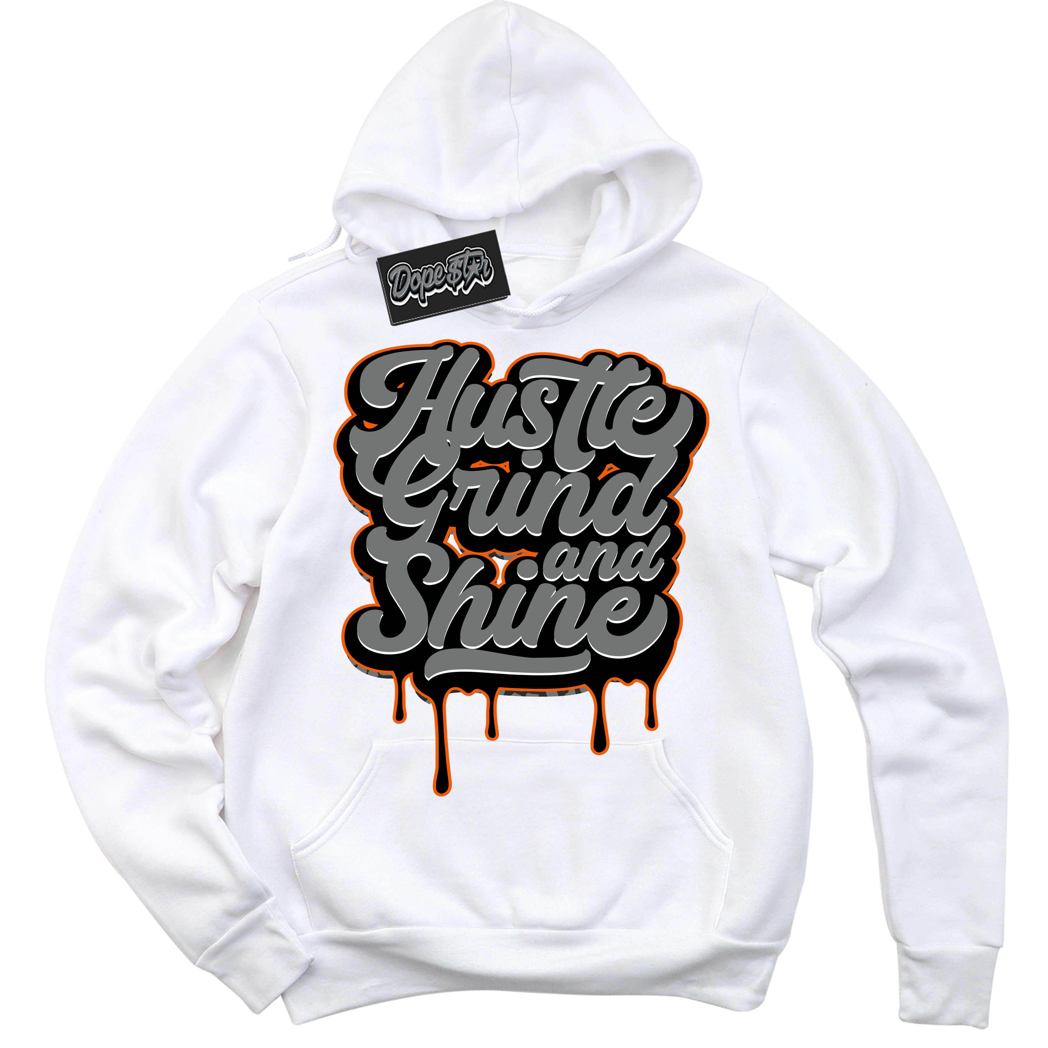 Cool White Graphic DopeStar Hoodie with “ Hustle Grind And Shine “ print, that perfectly matches Fear Pack 3s sneakers