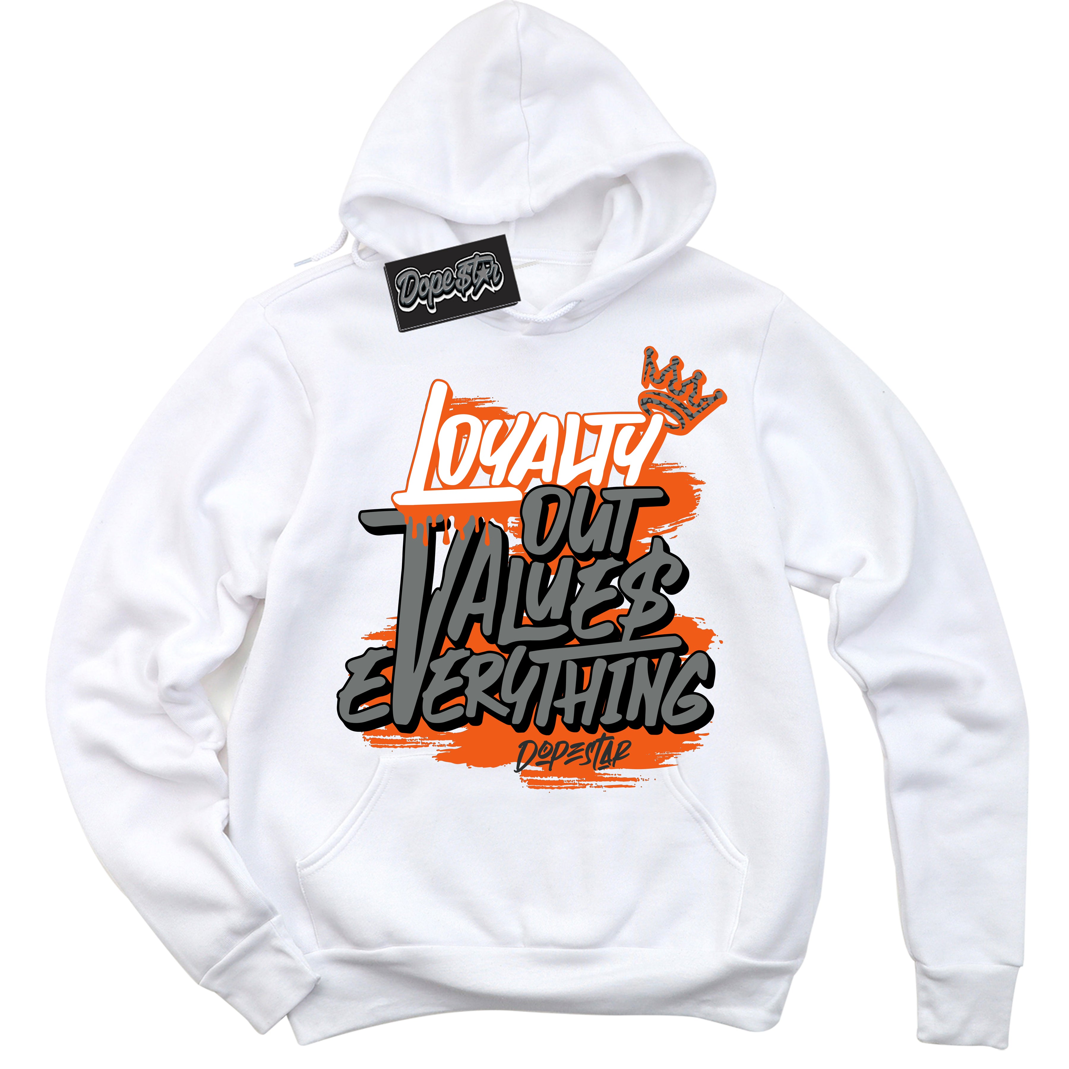 Cool White Graphic DopeStar Hoodie with “ Loyalty Out Values Everything “ print, that perfectly matches Fear Pack 3s sneakers