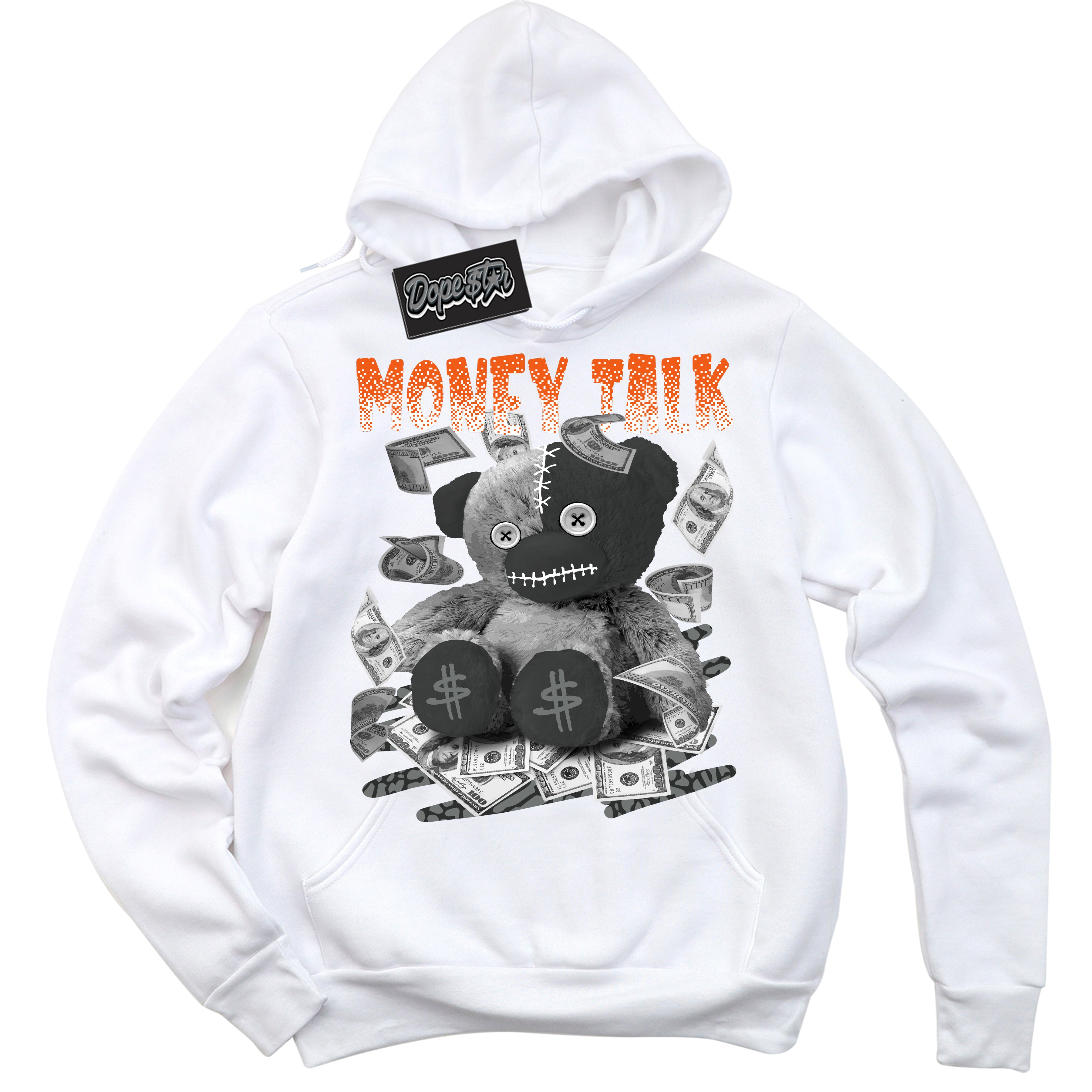 Cool White Graphic DopeStar Hoodie with “ Money Talk Bear “ print, that perfectly matches Fear Pack 3s sneakers
