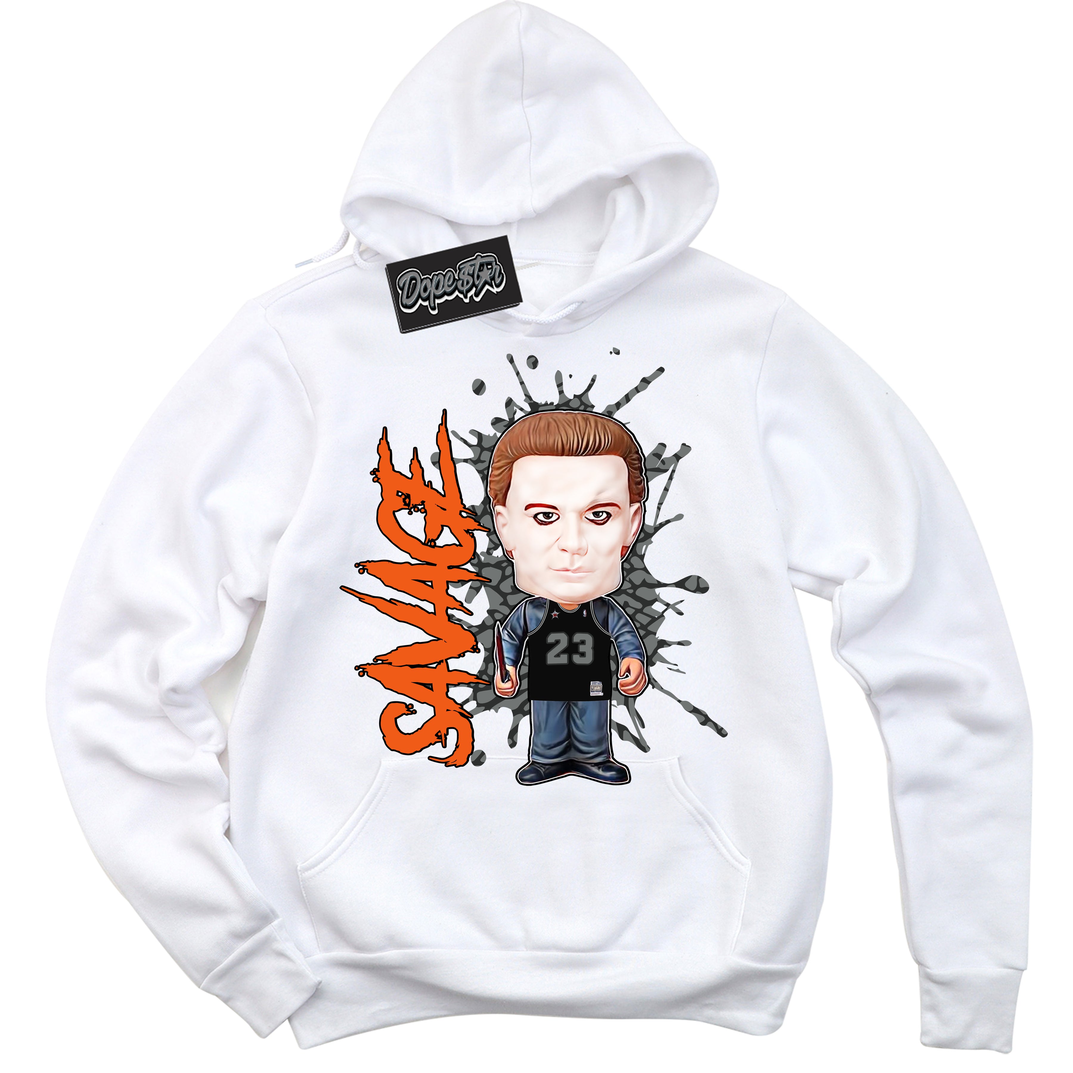 Cool White Graphic DopeStar Hoodie with “ Michael Myers Savage “ print, that perfectly matches Fear Pack 3s sneakers