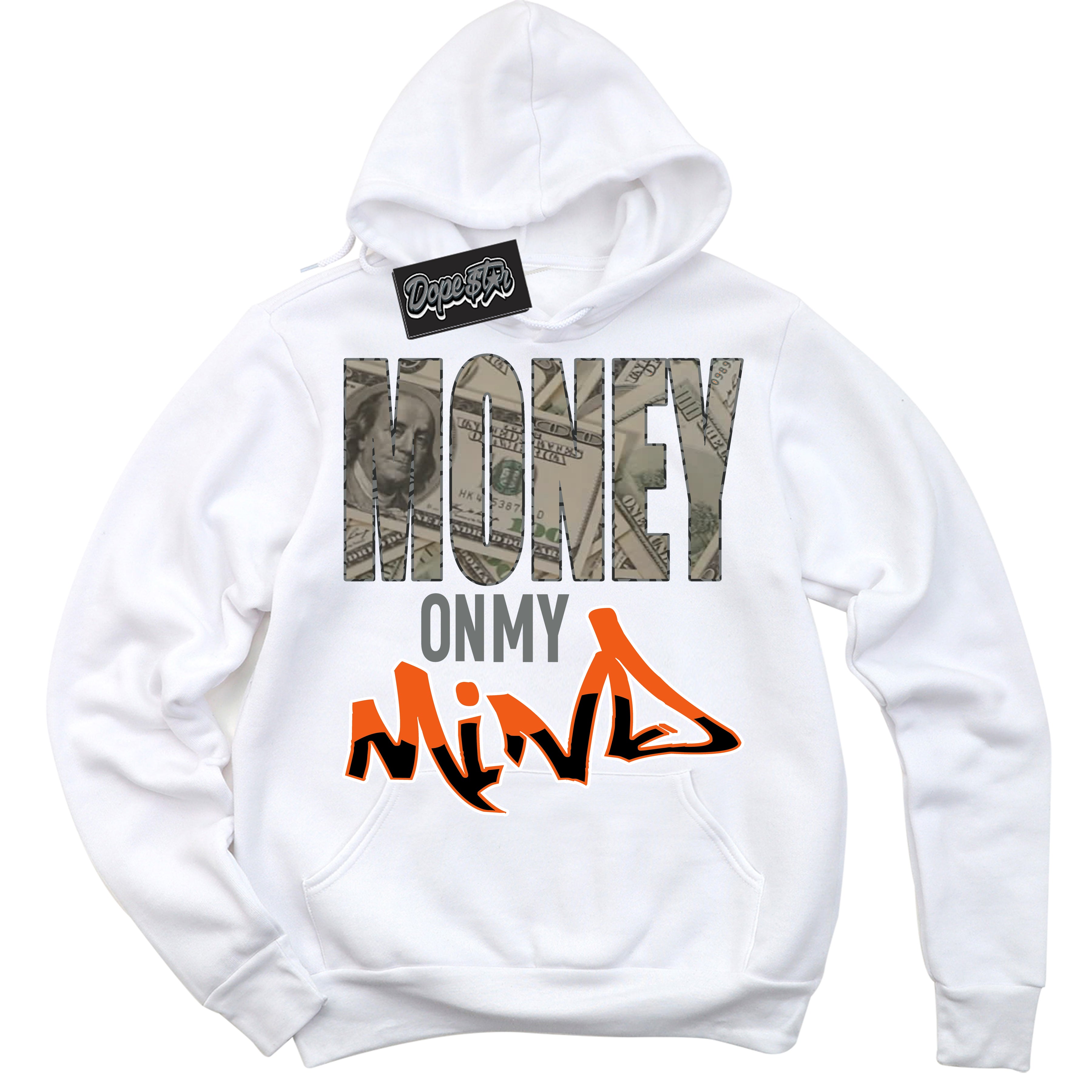 Cool White Graphic DopeStar Hoodie with “ Money On My Mind “ print, that perfectly matches Fear Pack 3s sneakers