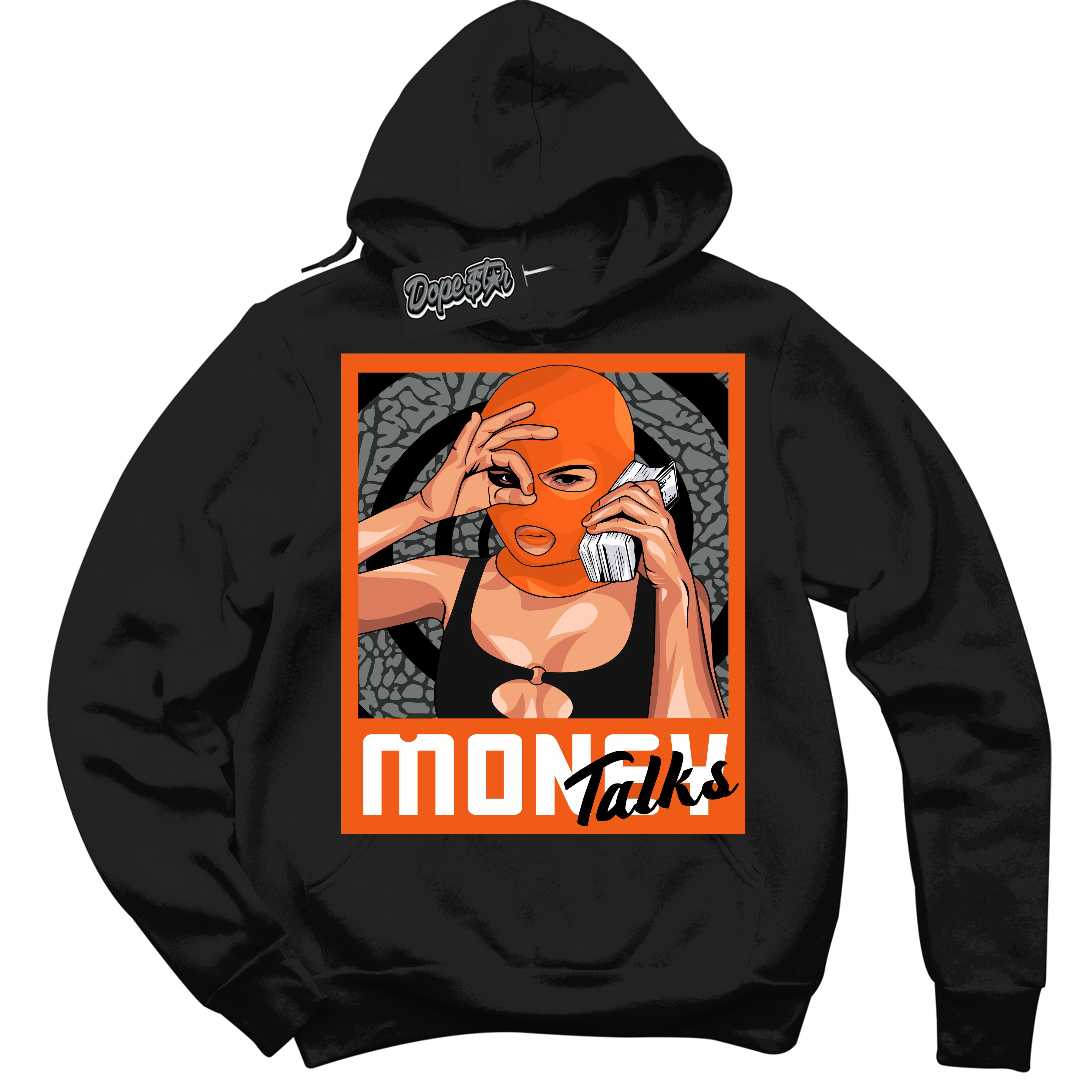 Cool Black Graphic DopeStar Hoodie with “ Money Talks “ print, that perfectly matches Fear Pack 3s sneakers