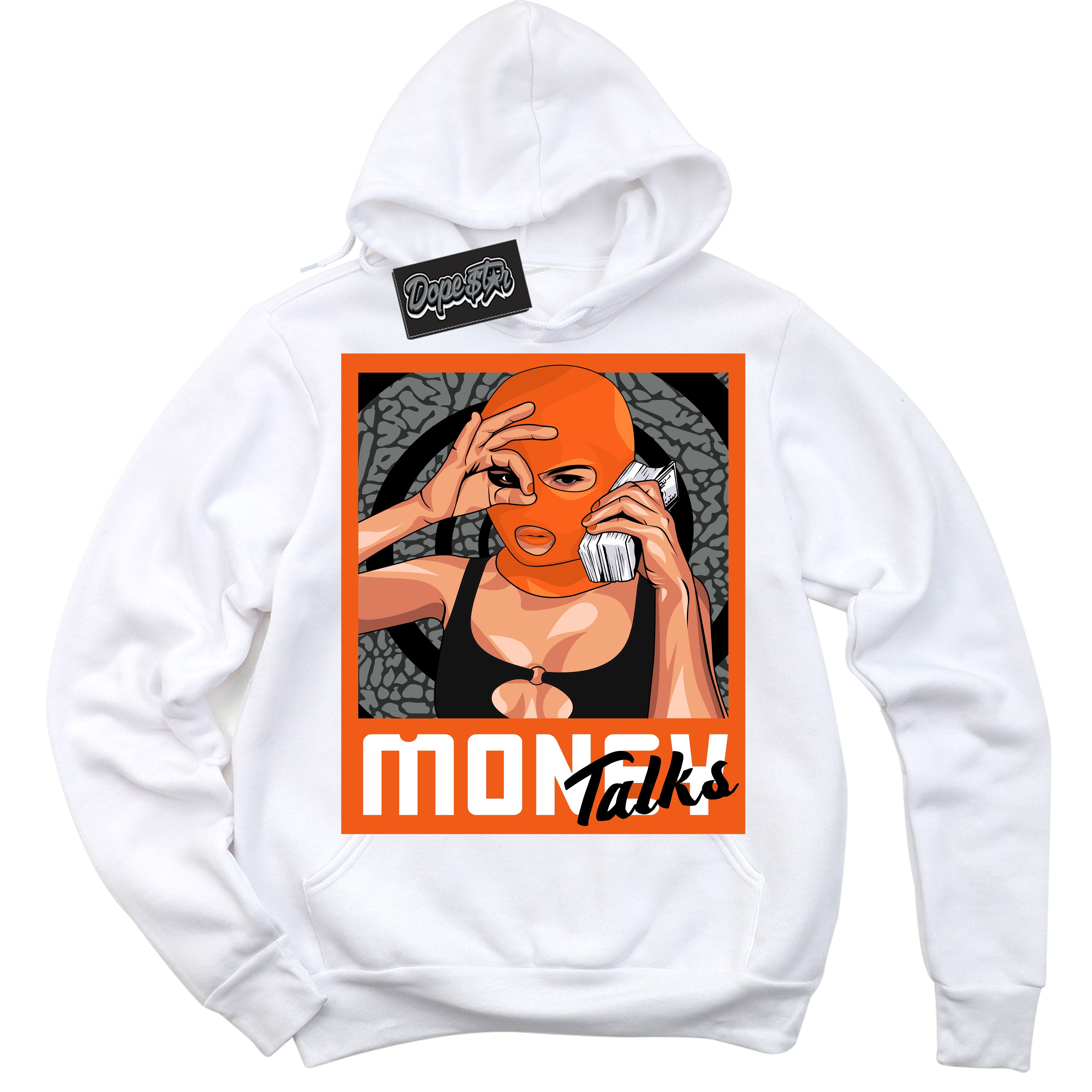 Cool White Graphic DopeStar Hoodie with “ Money Talks “ print, that perfectly matches Fear Pack 3s sneakers