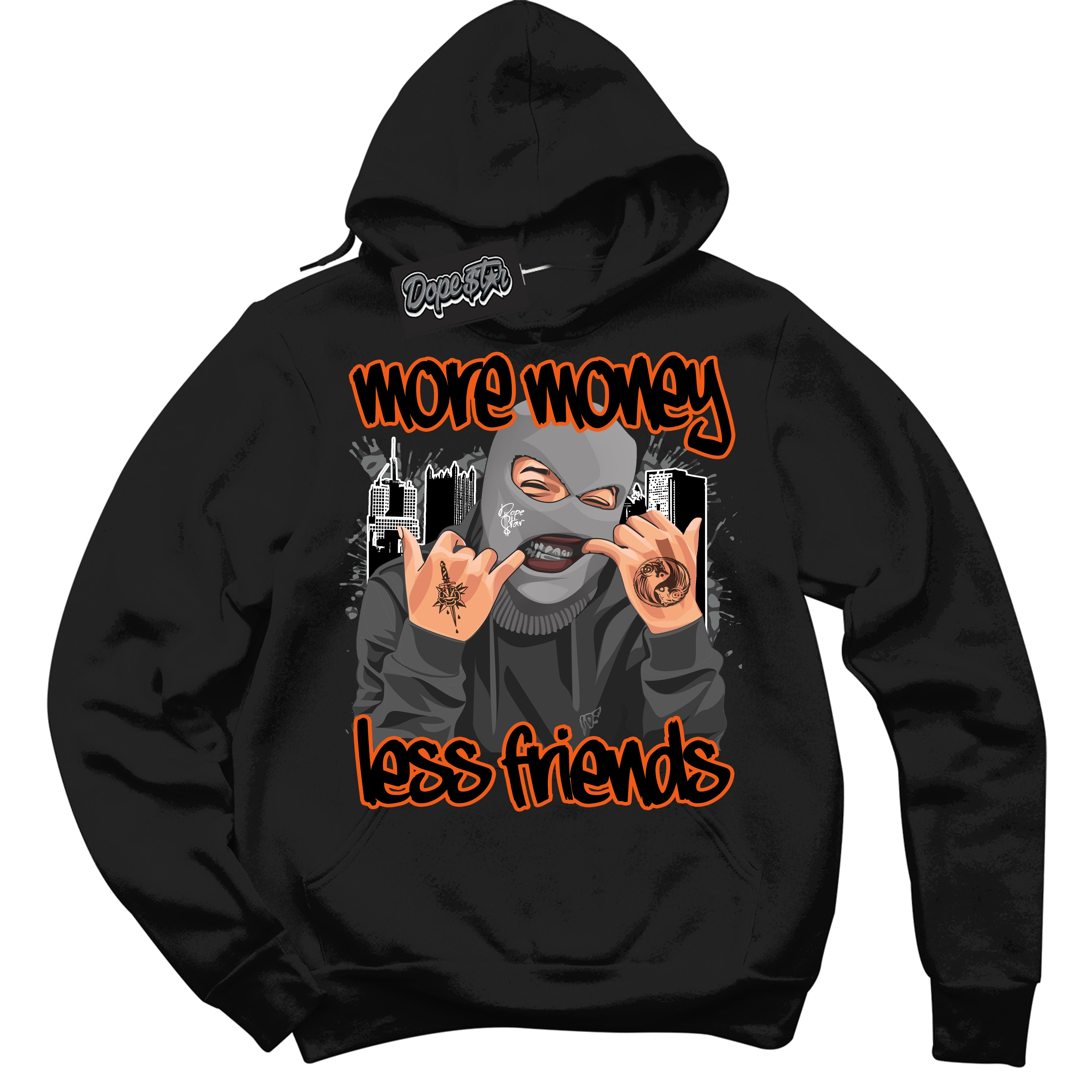 Cool Black Graphic DopeStar Hoodie with “ More Money Less Friends “ print, that perfectly matches Fear Pack 3s sneakers