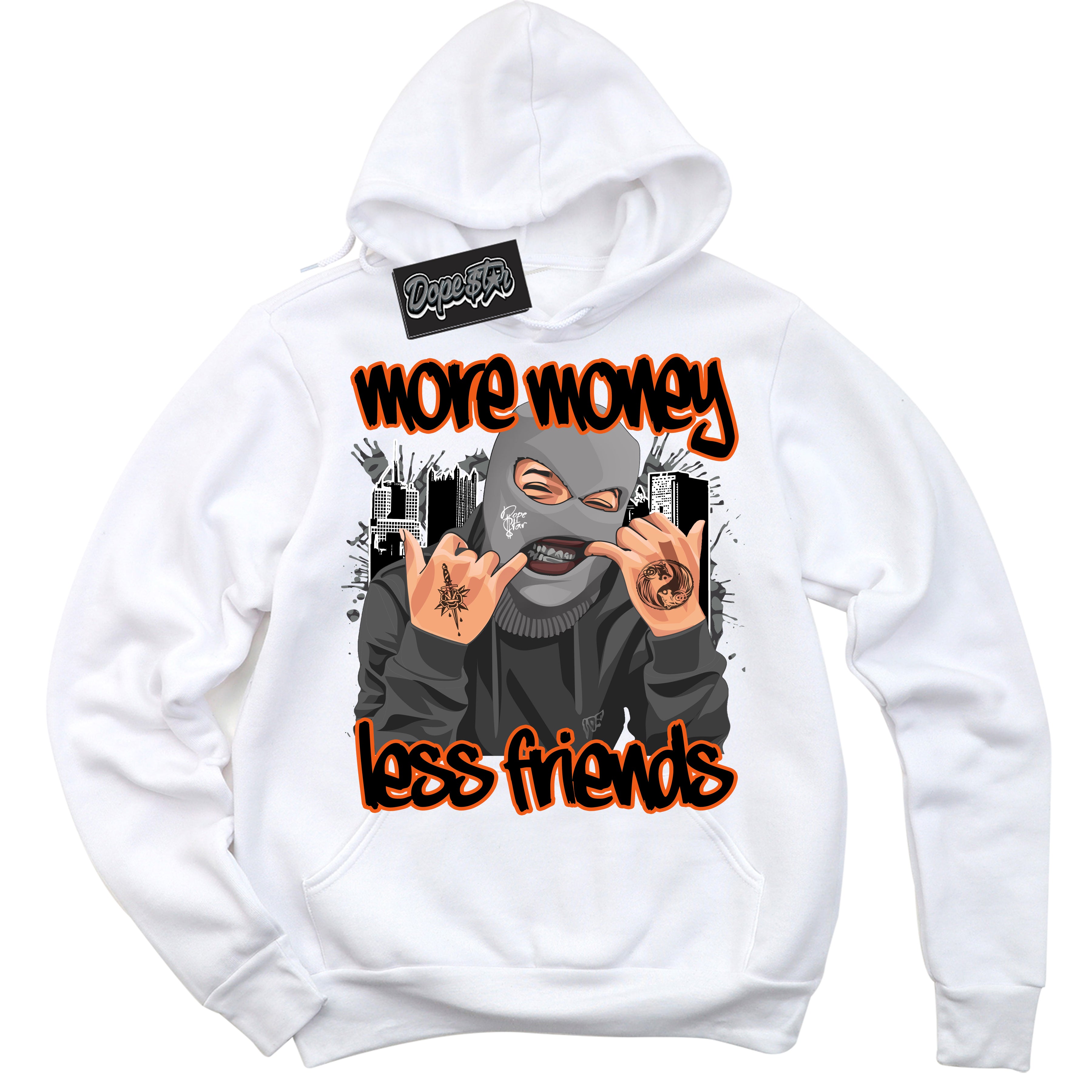 Cool White Graphic DopeStar Hoodie with “ More Money Less Friends “ print, that perfectly matches Fear Pack 3s sneakers