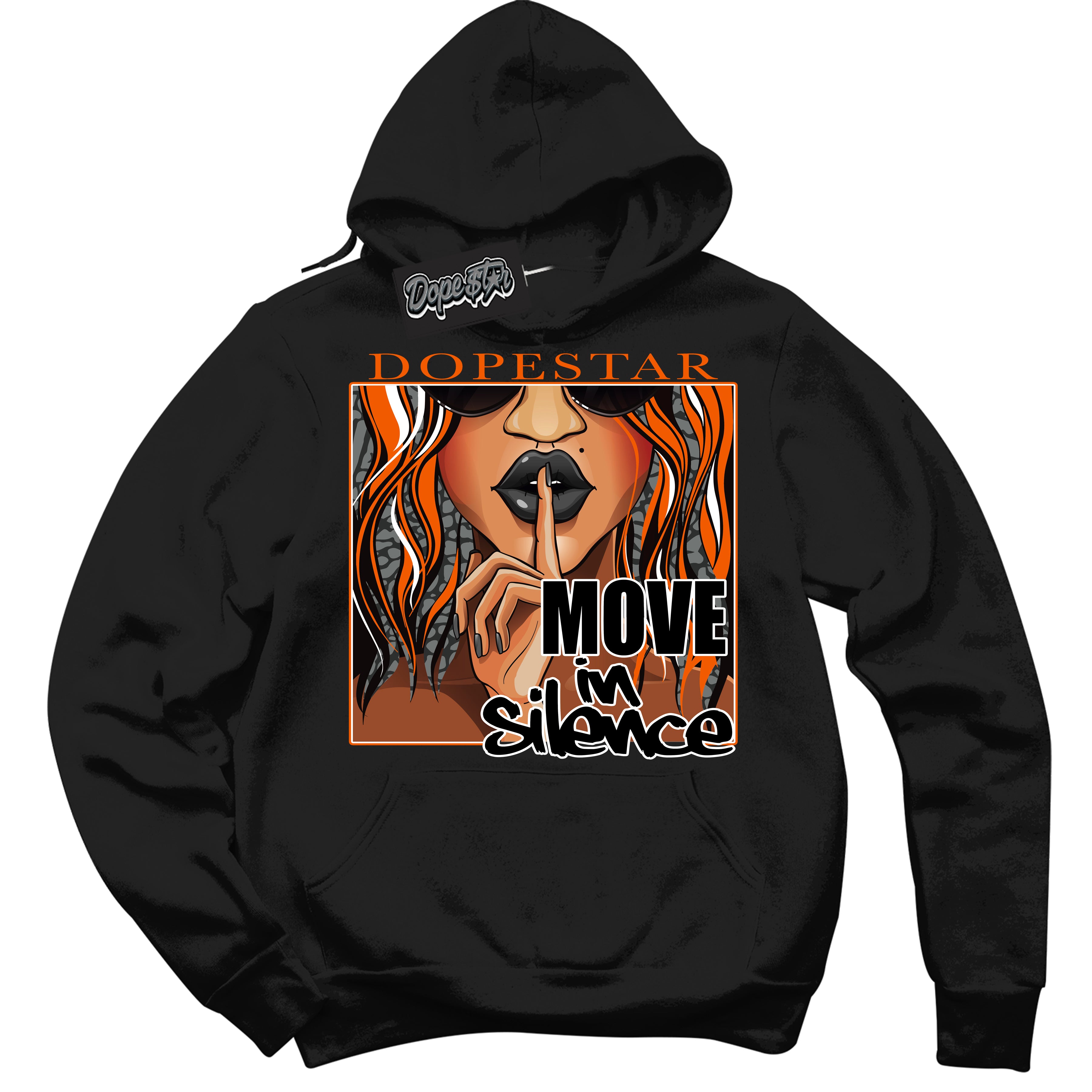 Cool Black Graphic DopeStar Hoodie with “ Move In Silence “ print, that perfectly matches Fear Pack 3s sneakers