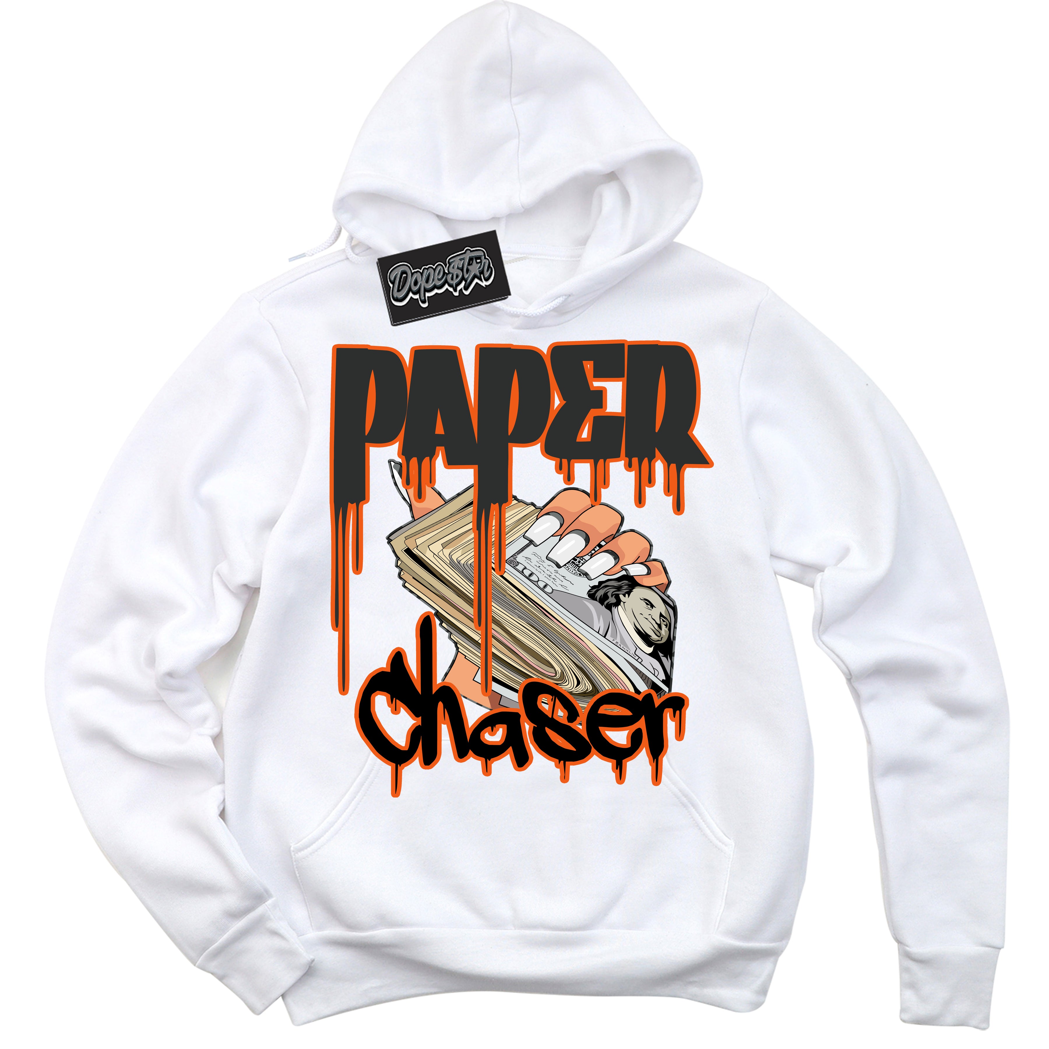 Cool White Graphic DopeStar Hoodie with “ Paper Chaser “ print, that perfectly matches Fear Pack 3s sneakers