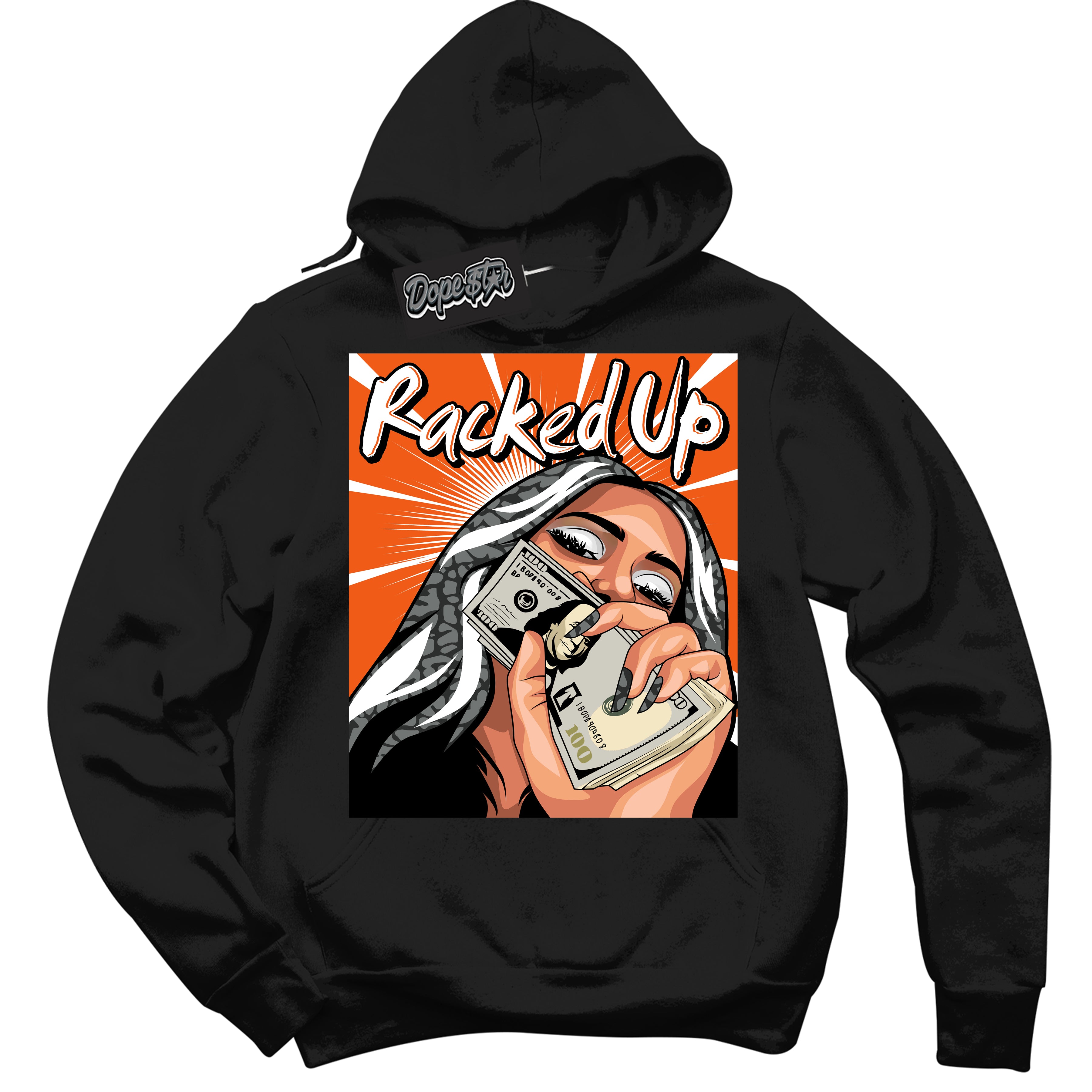 Cool Black Graphic DopeStar Hoodie with “ Racked Up “ print, that perfectly matches Fear Pack 3s sneakers
