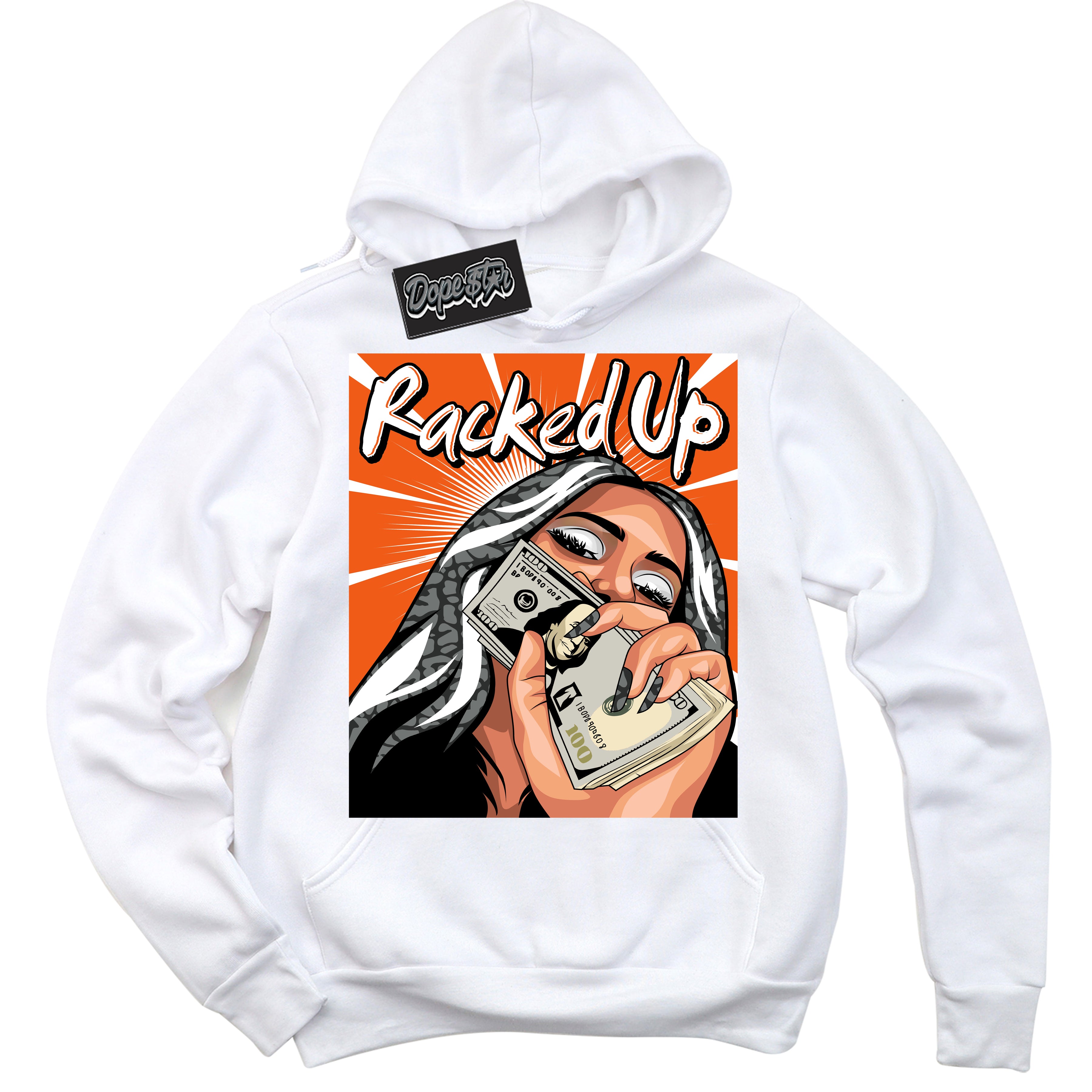 Cool White Graphic DopeStar Hoodie with “ Racked Up “ print, that perfectly matches Fear Pack 3s sneakers