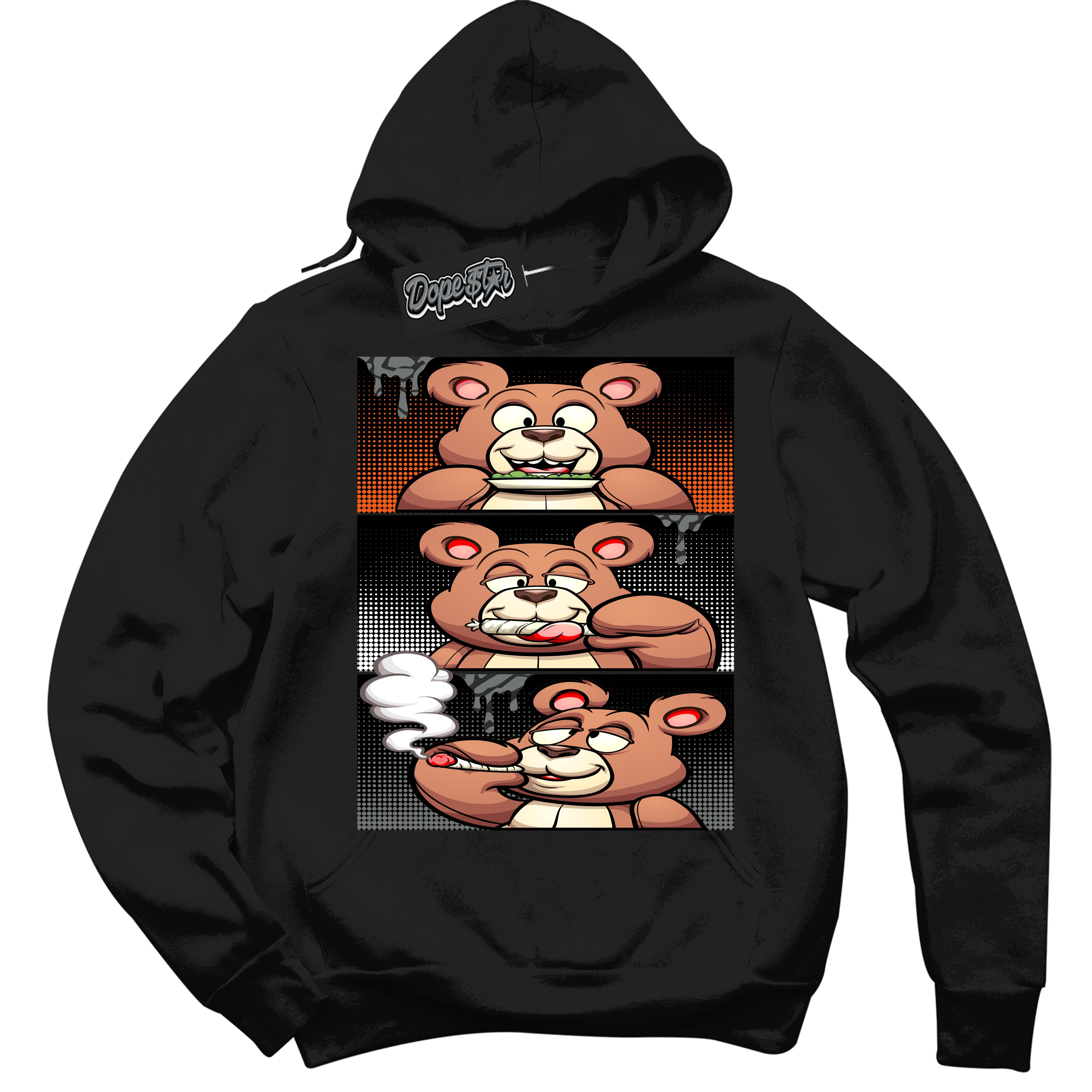 Cool Black Graphic DopeStar Hoodie with “ Roll It Lick It Smoke It Bear “ print, that perfectly matches Fear Pack 3s sneakers