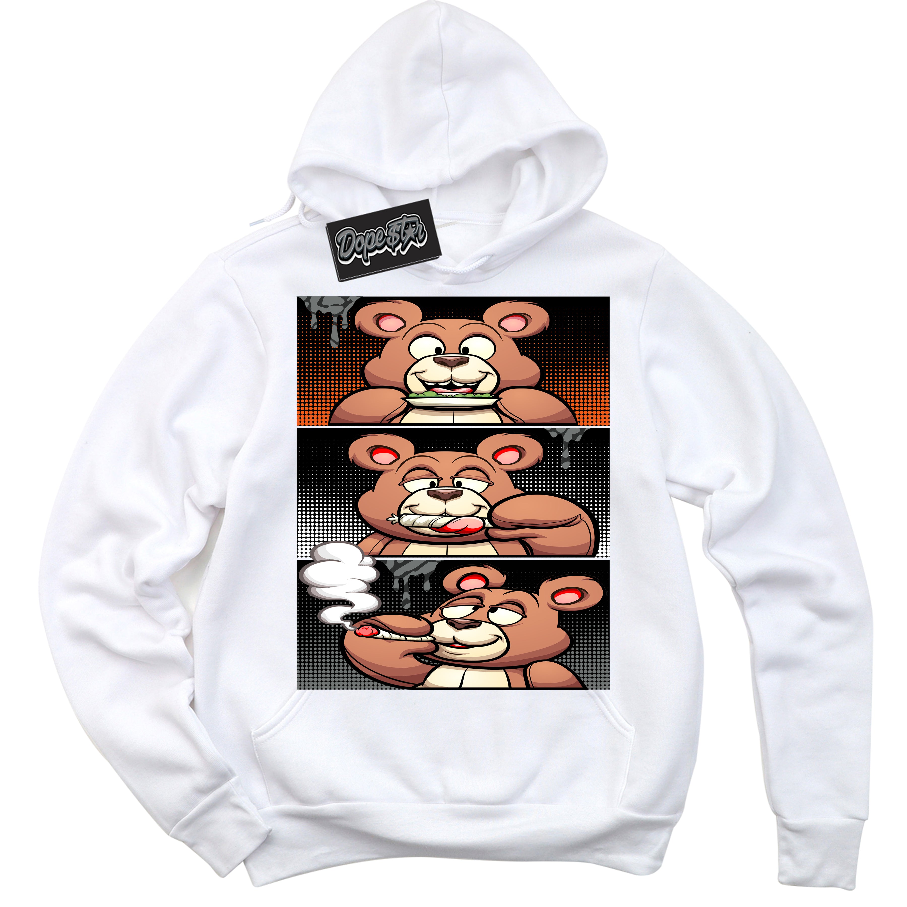 Cool White Graphic DopeStar Hoodie with “ Roll It Lick It Smoke It Bear “ print, that perfectly matches Fear Pack 3s sneakers