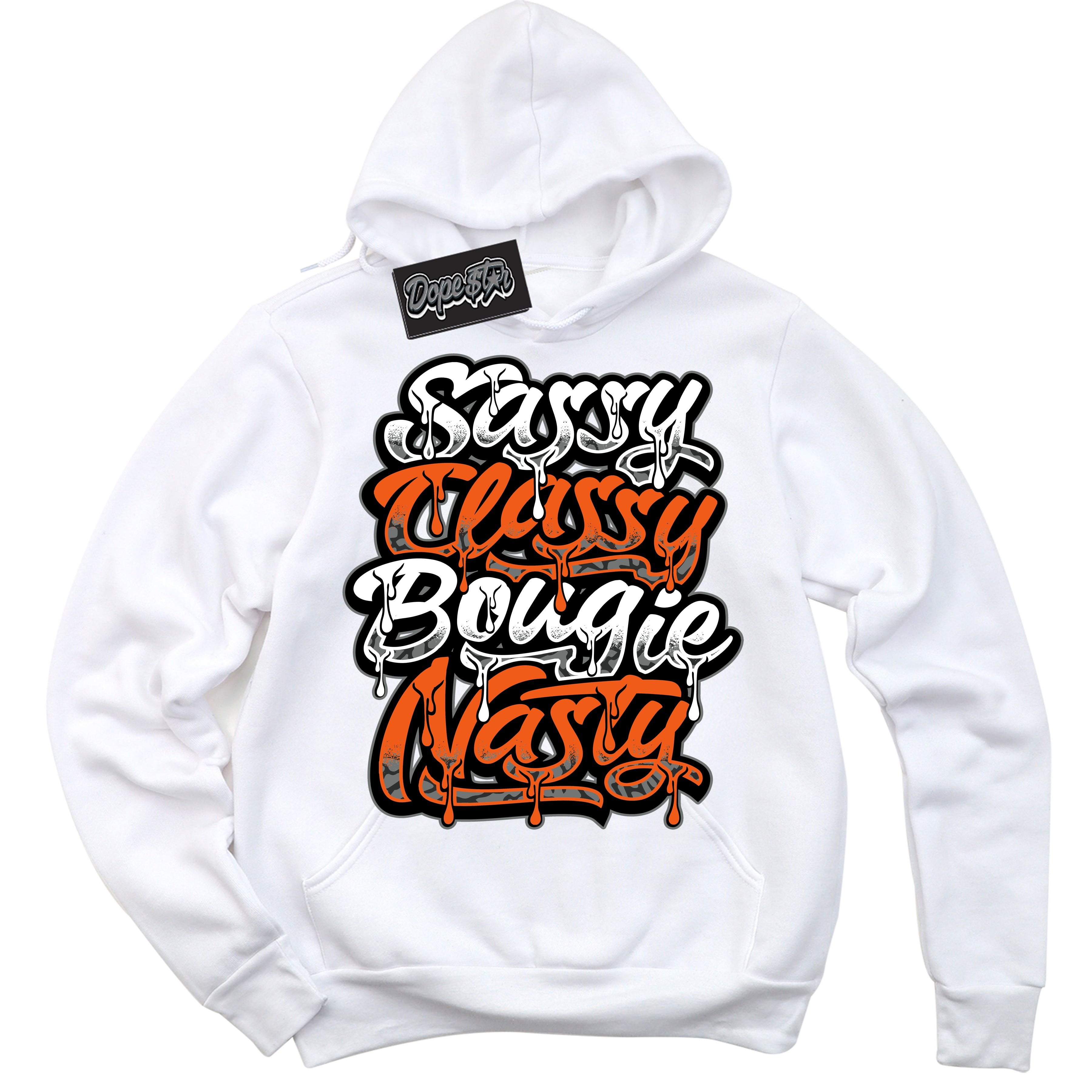 Cool White Graphic DopeStar Hoodie with “ Sassy Classy “ print, that perfectly matches Fear Pack 3s sneakers
