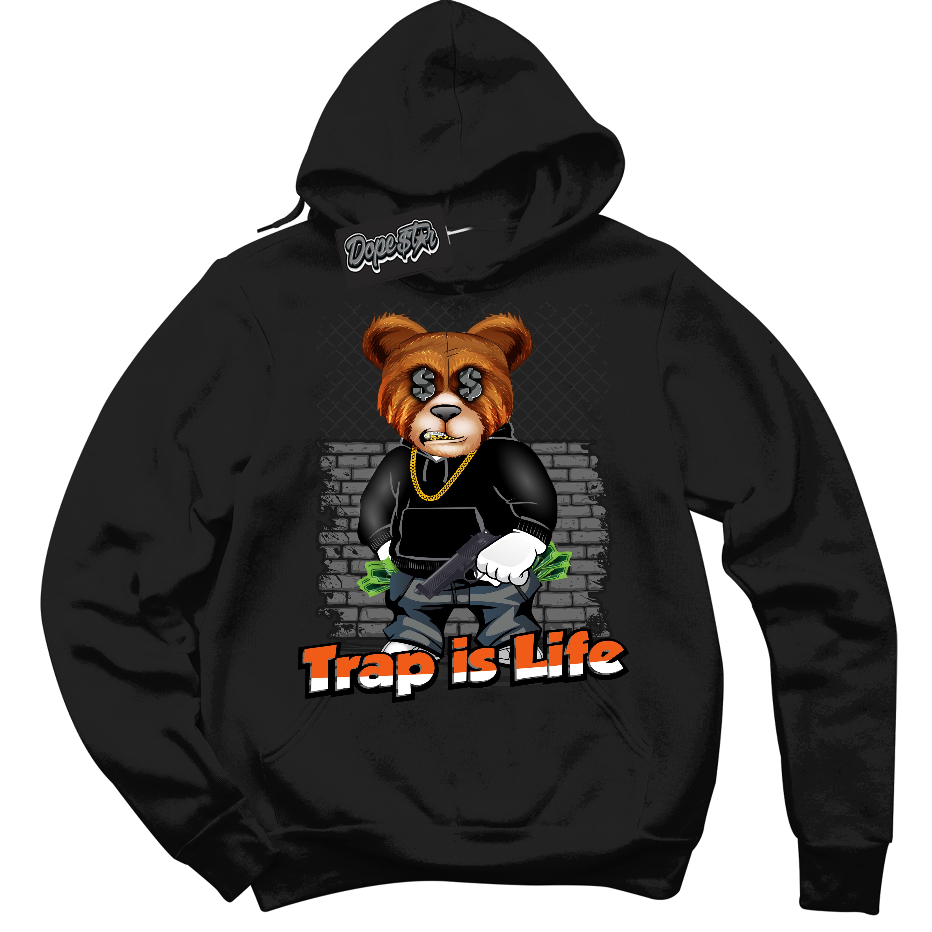Cool Black Graphic DopeStar Hoodie with “ Trap Is Life “ print, that perfectly matches Fear Pack 3s sneakers