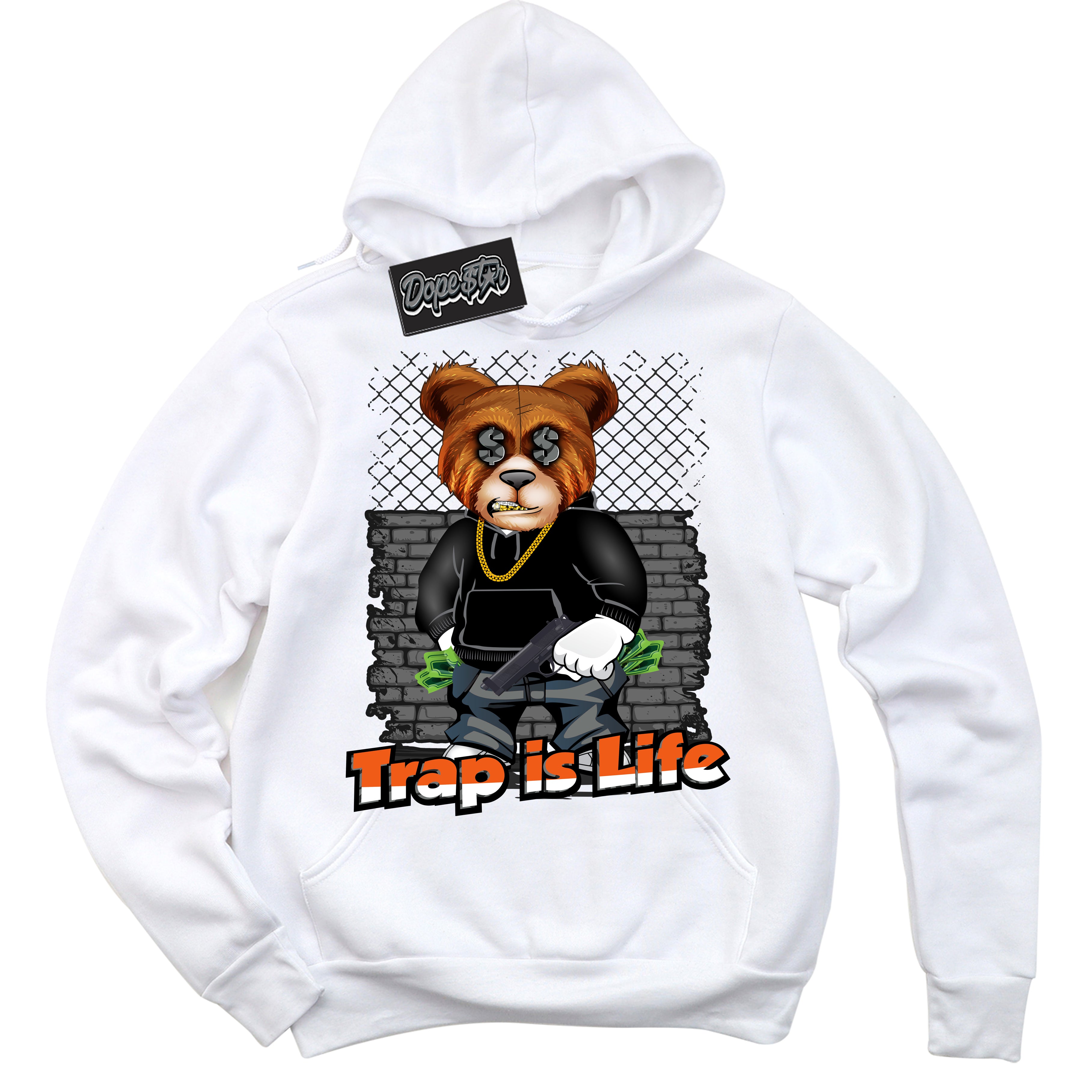 Cool White Graphic DopeStar Hoodie with “ Trap Is Life “ print, that perfectly matches Fear Pack 3s sneakers