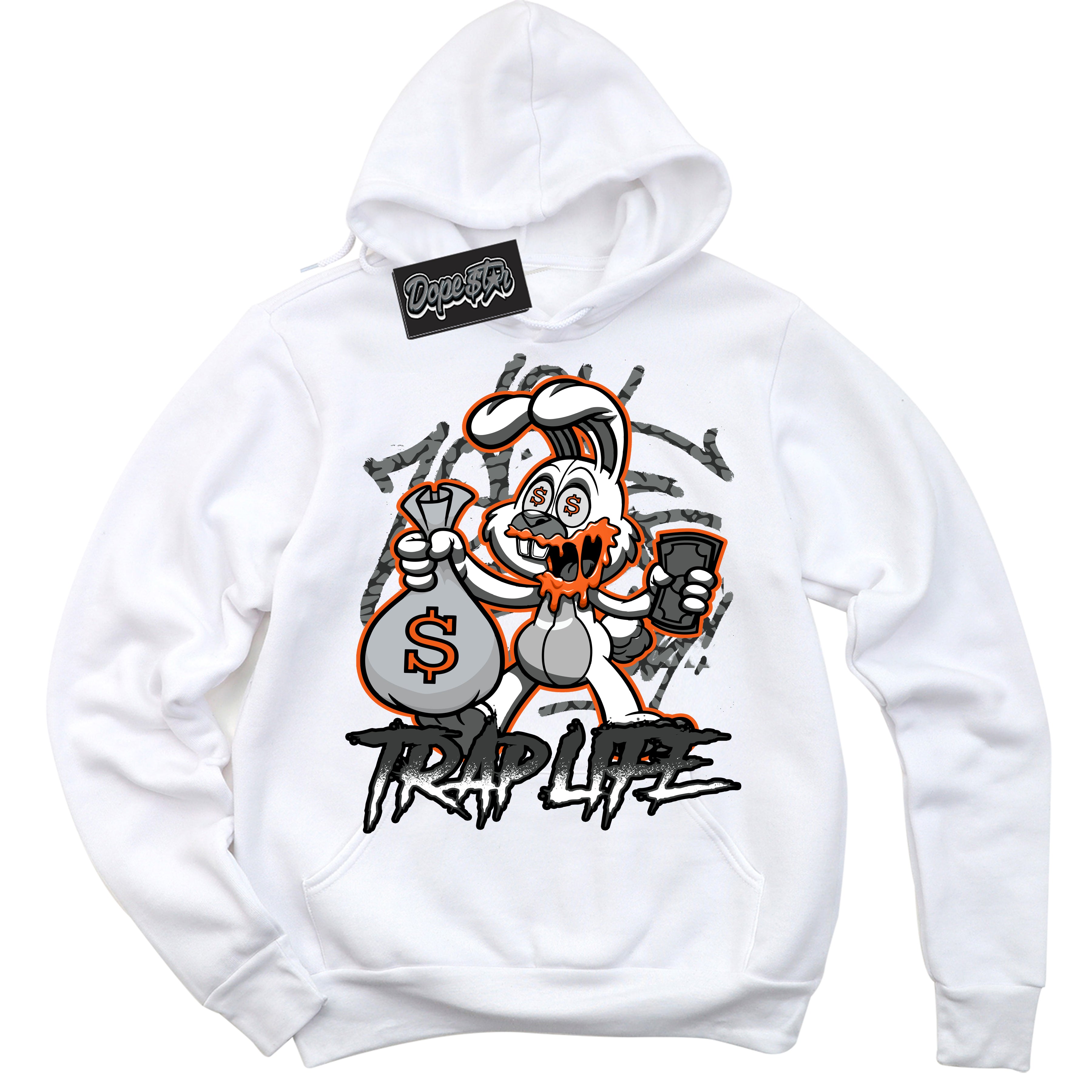 Cool White Graphic DopeStar Hoodie with “ Trap Rabbit “ print, that perfectly matches Fear Pack 3s sneakers