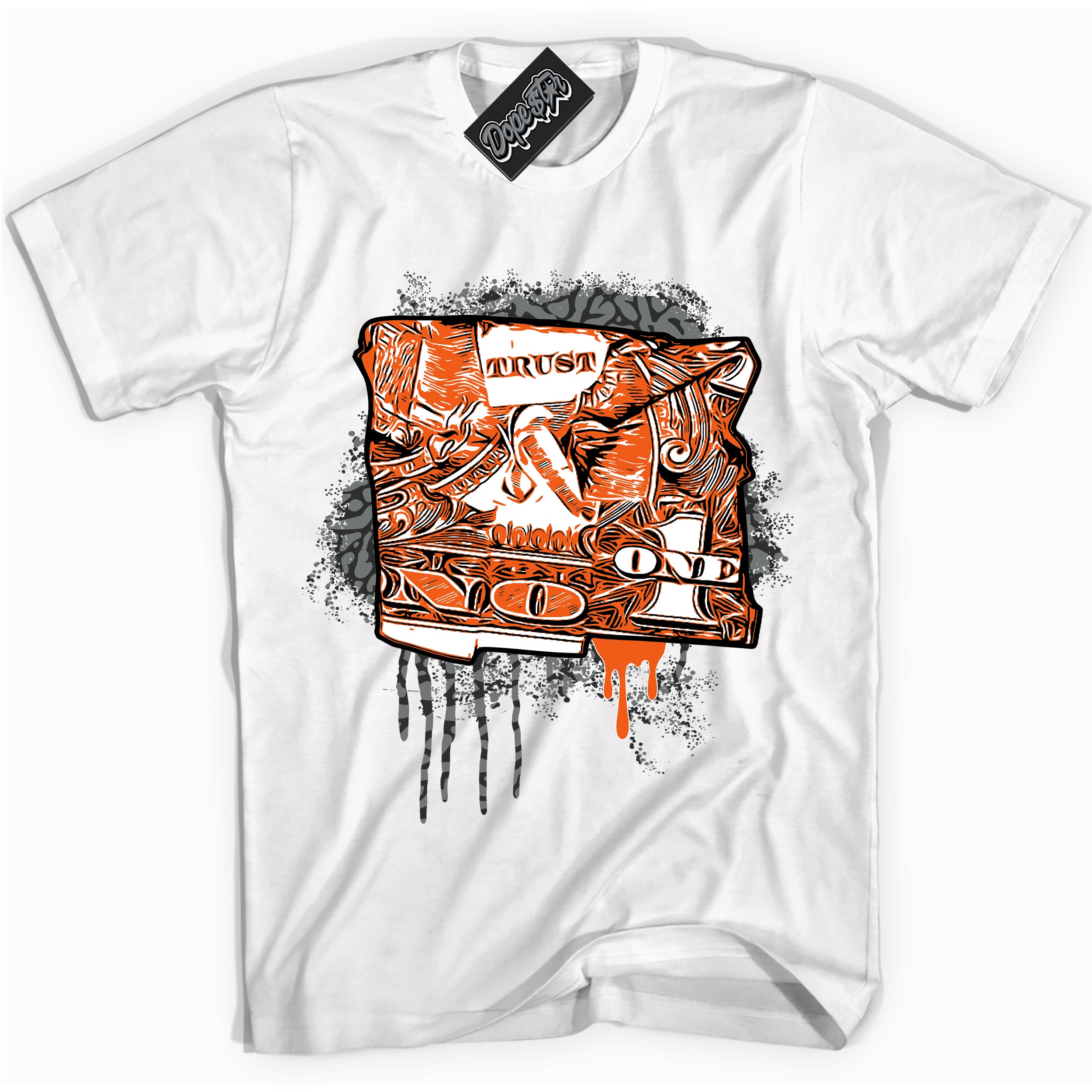 Cool White graphic tee with “ Trust No One Dollar ” design, that perfectly matches Fear Pack 3s sneakers