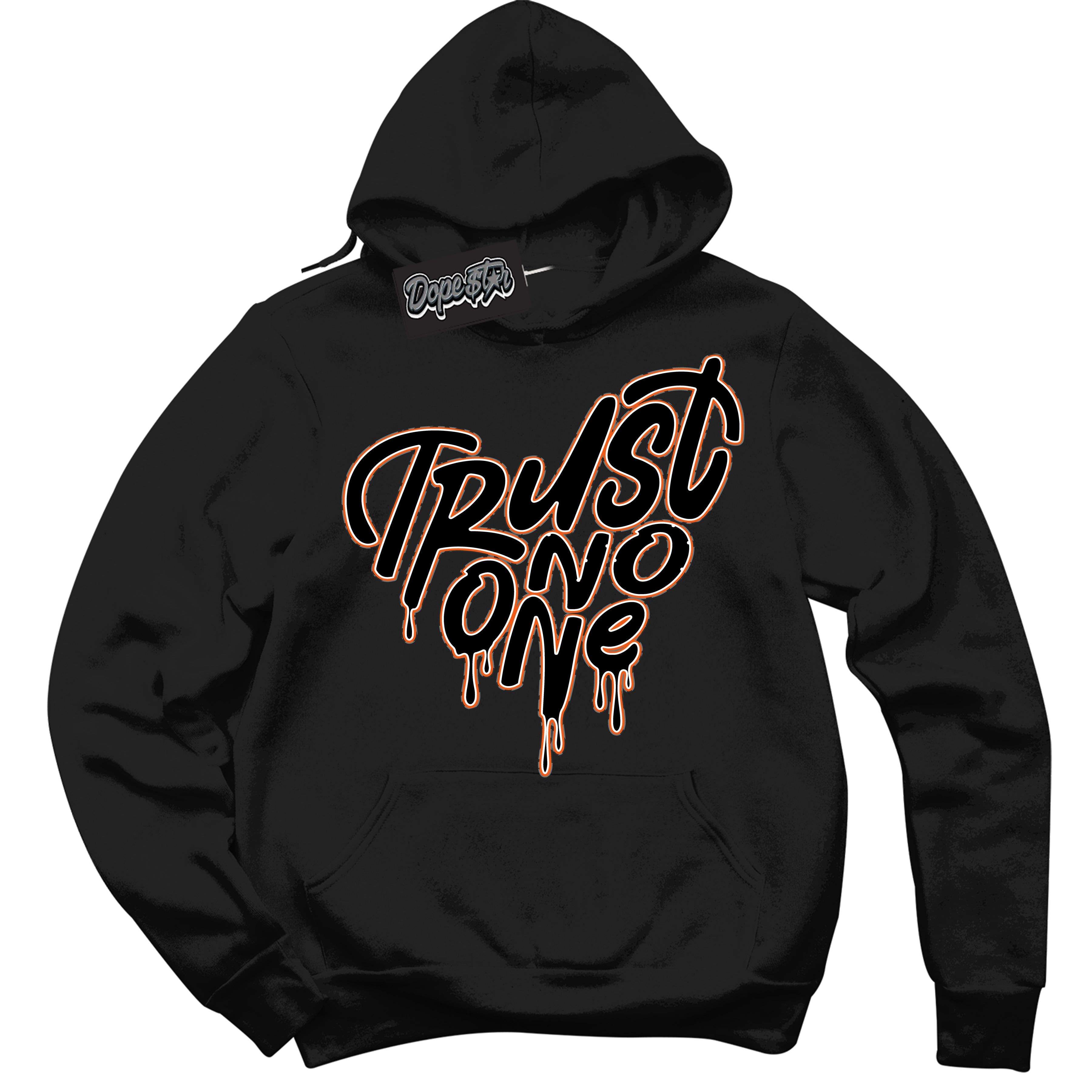 Cool Black Graphic DopeStar Hoodie with “ Trust No one Heart “ print, that perfectly matches Fear Pack 3s sneakers