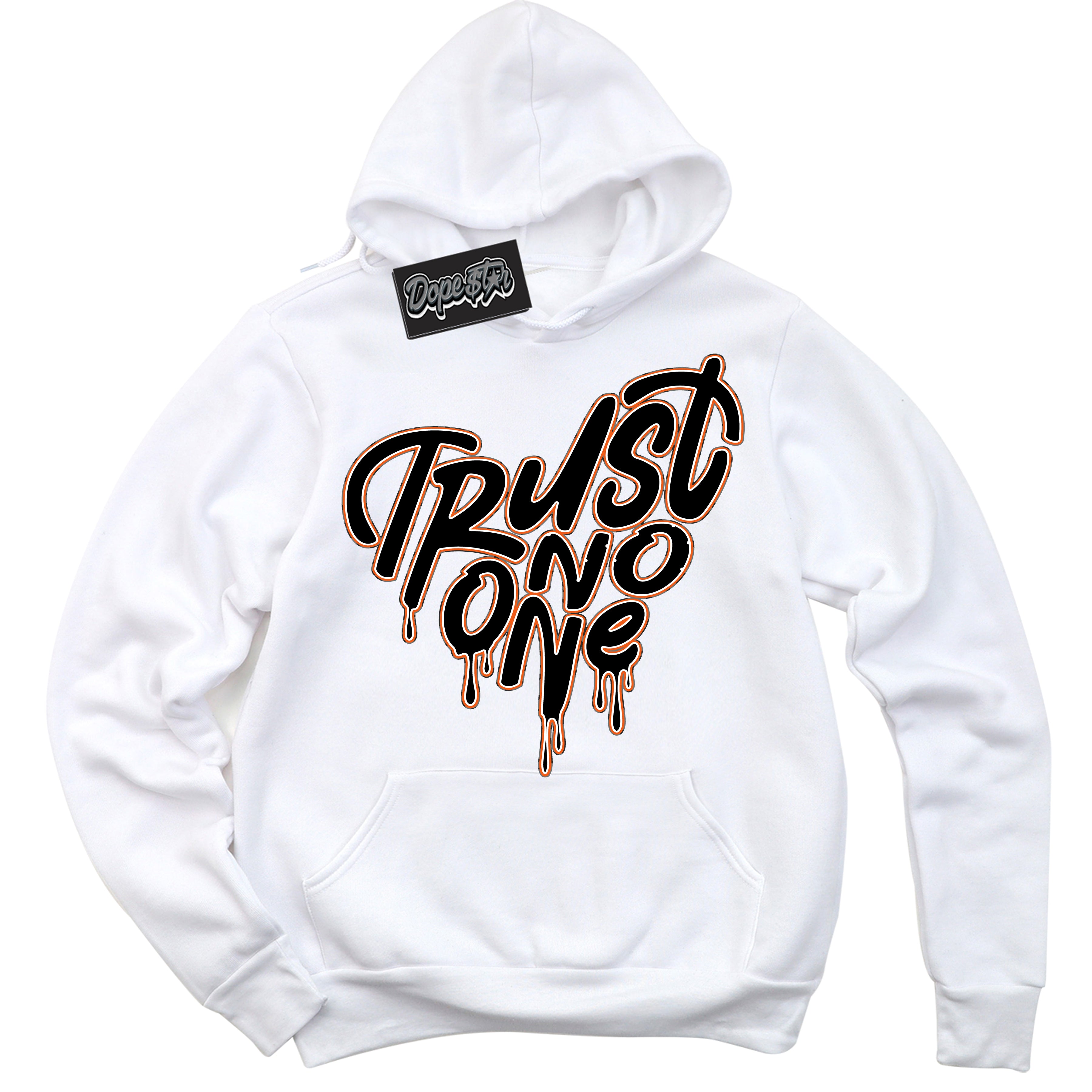 Cool White Graphic DopeStar Hoodie with “ Trust No one Heart “ print, that perfectly matches Fear Pack 3s sneakers