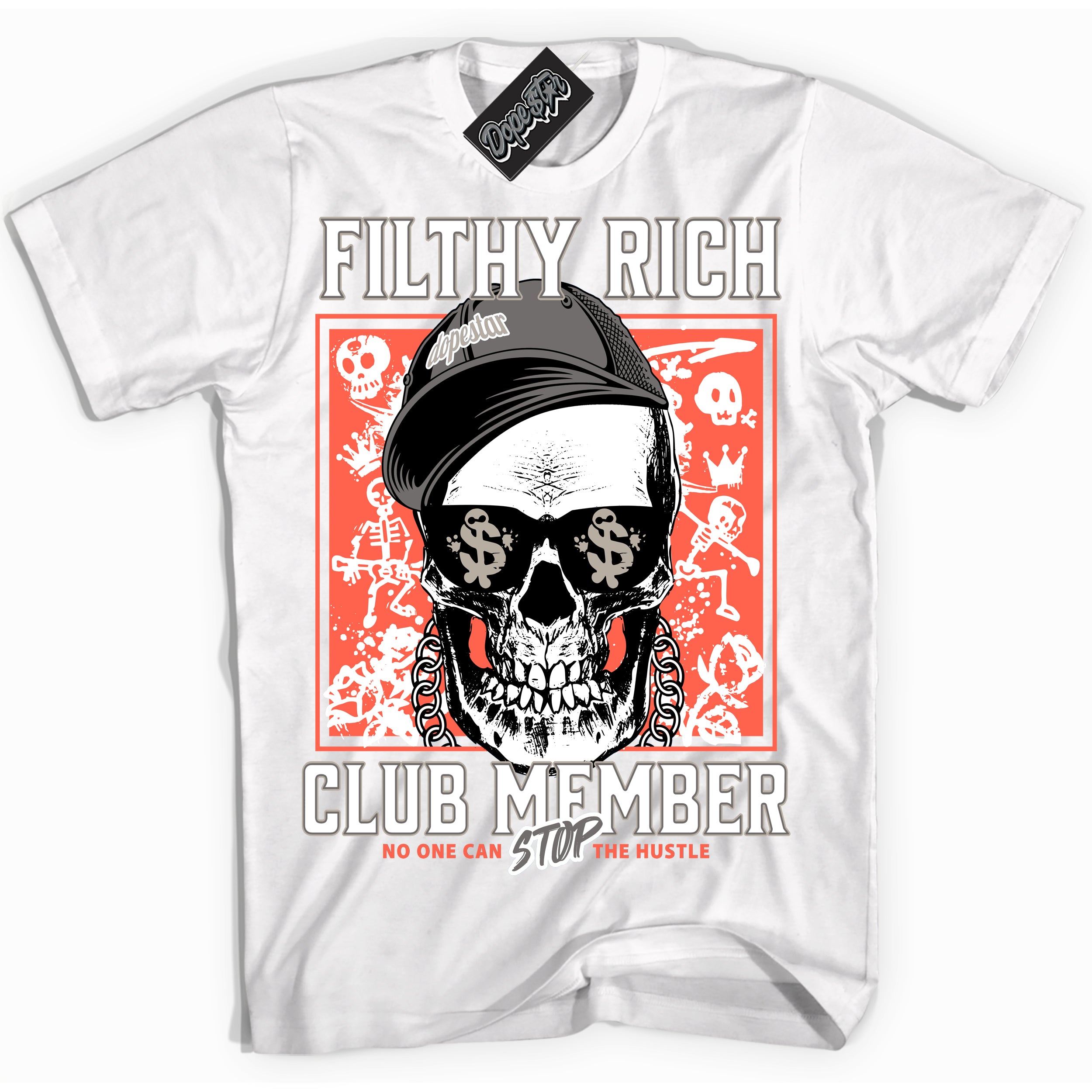 Cool White Shirt with “ Filthy Rich” design that perfectly matches Georgia Peach 3s Sneakers.