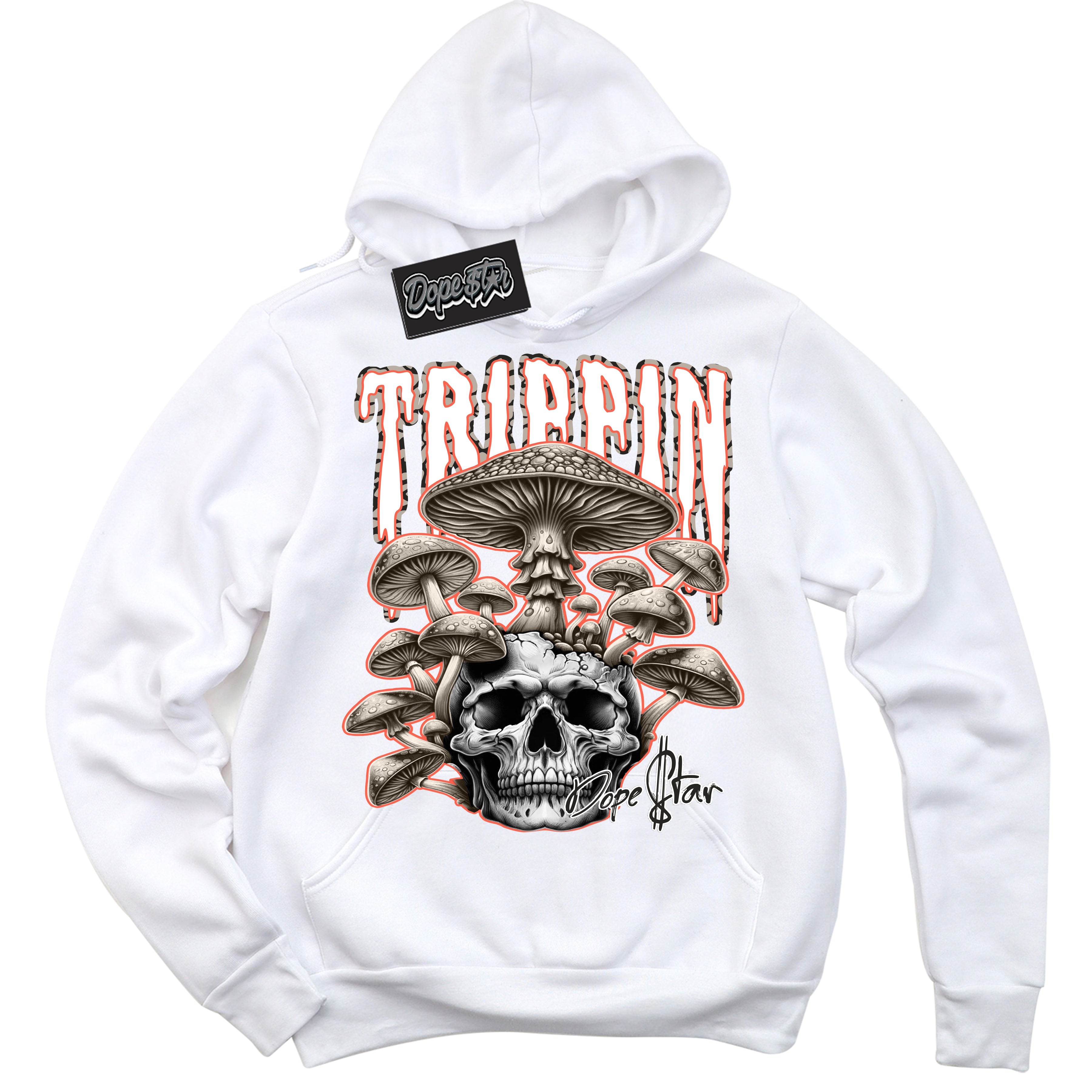 Cool White Hoodie with “ Trippin” design that Perfectly Matches Georgia Peach 3s Sneakers.
