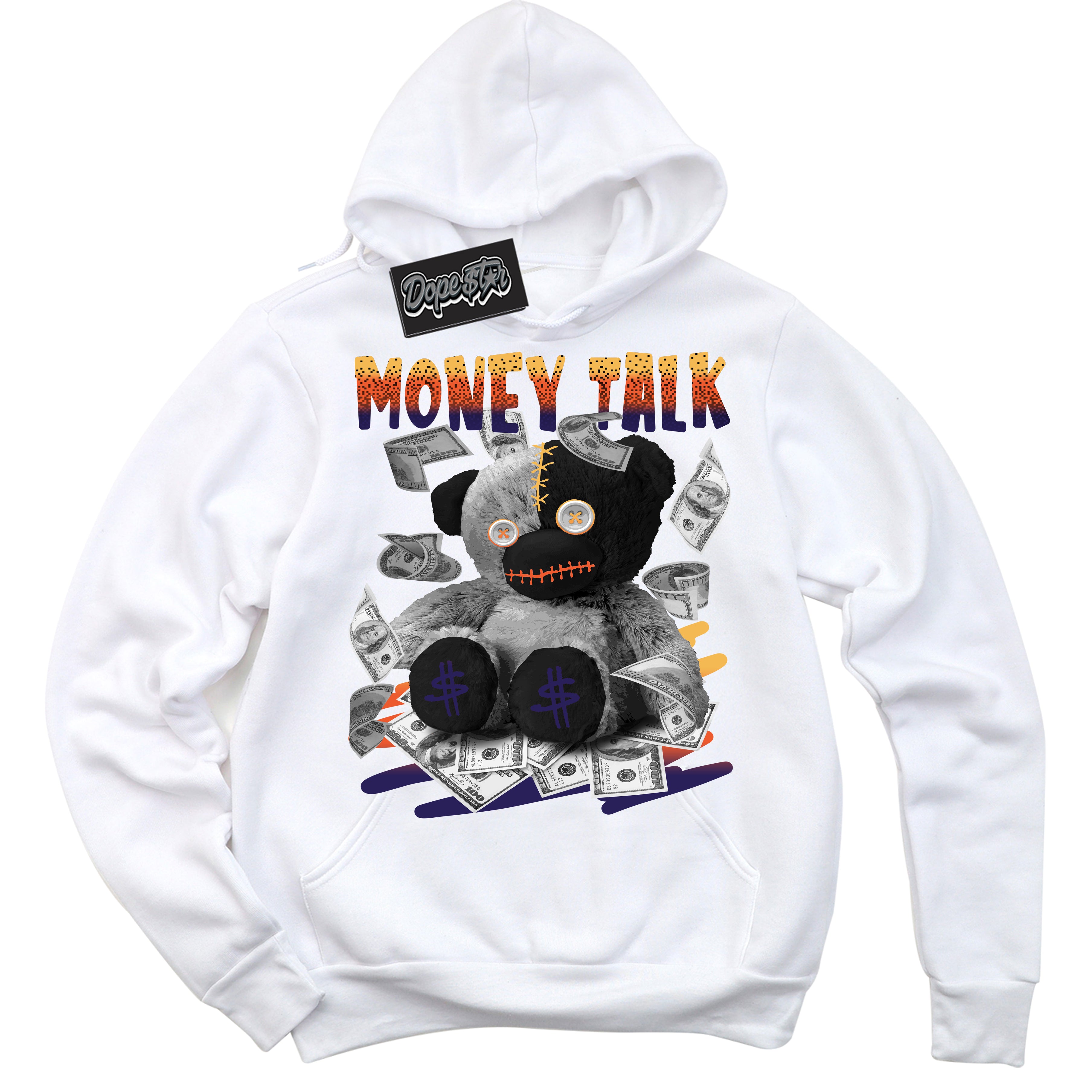 Cool White Hoodie with “ Money Talk Bear ” design that Perfectly Matches J Balvin Rio 3s Sneakers.