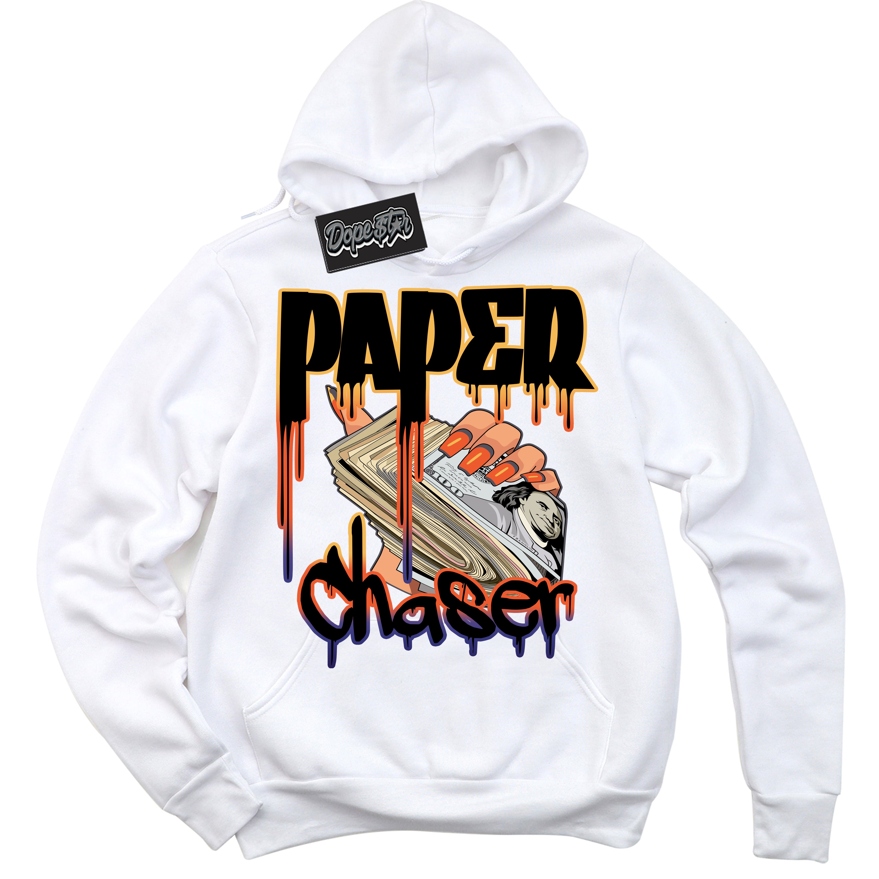 Cool White Hoodie with “ Paper Chaser ” design that Perfectly Matches J Balvin Rio 3s Sneakers.