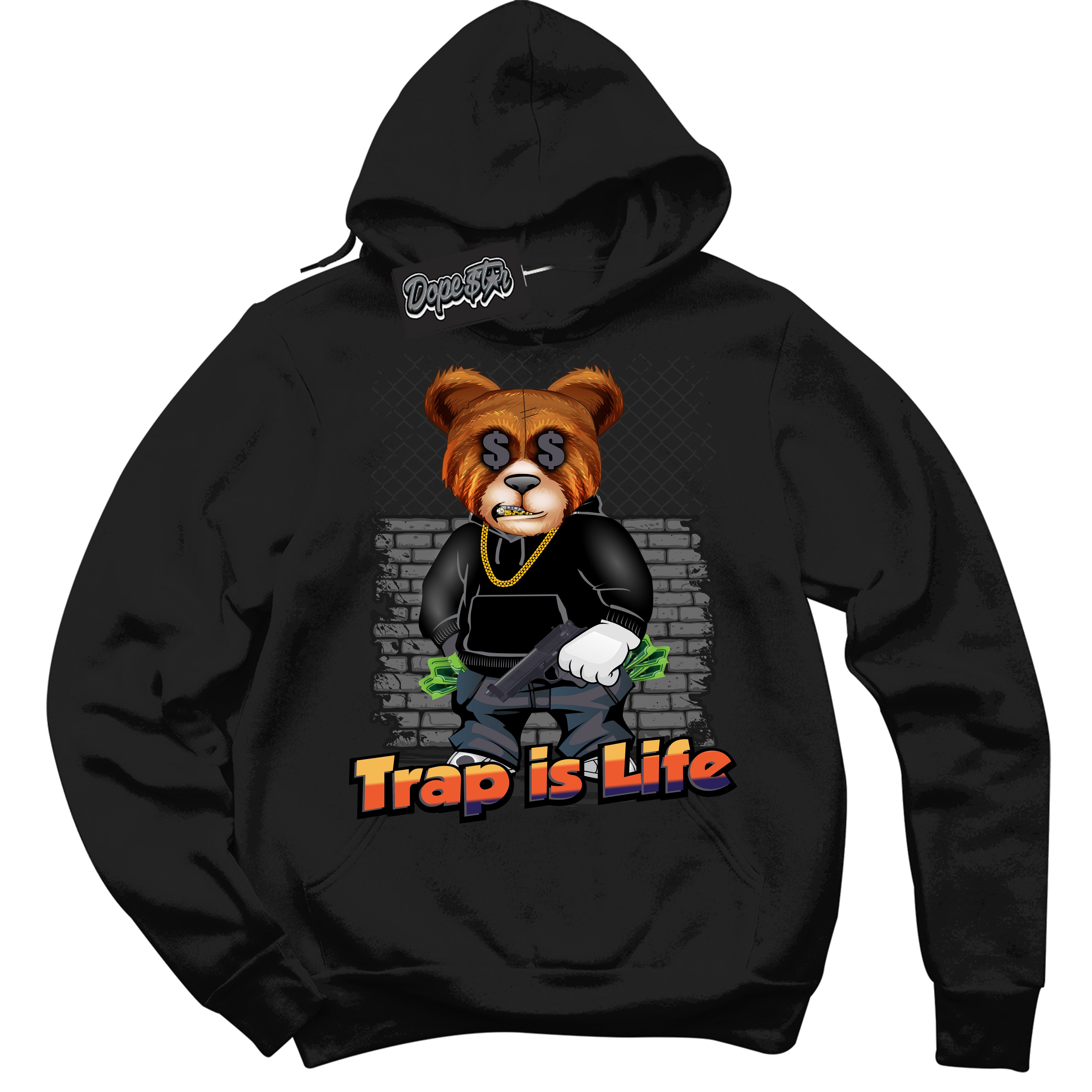 Cool Black Hoodie with “ Trap Is Life ” design that Perfectly Matches J Balvin Rio 3s Sneakers.