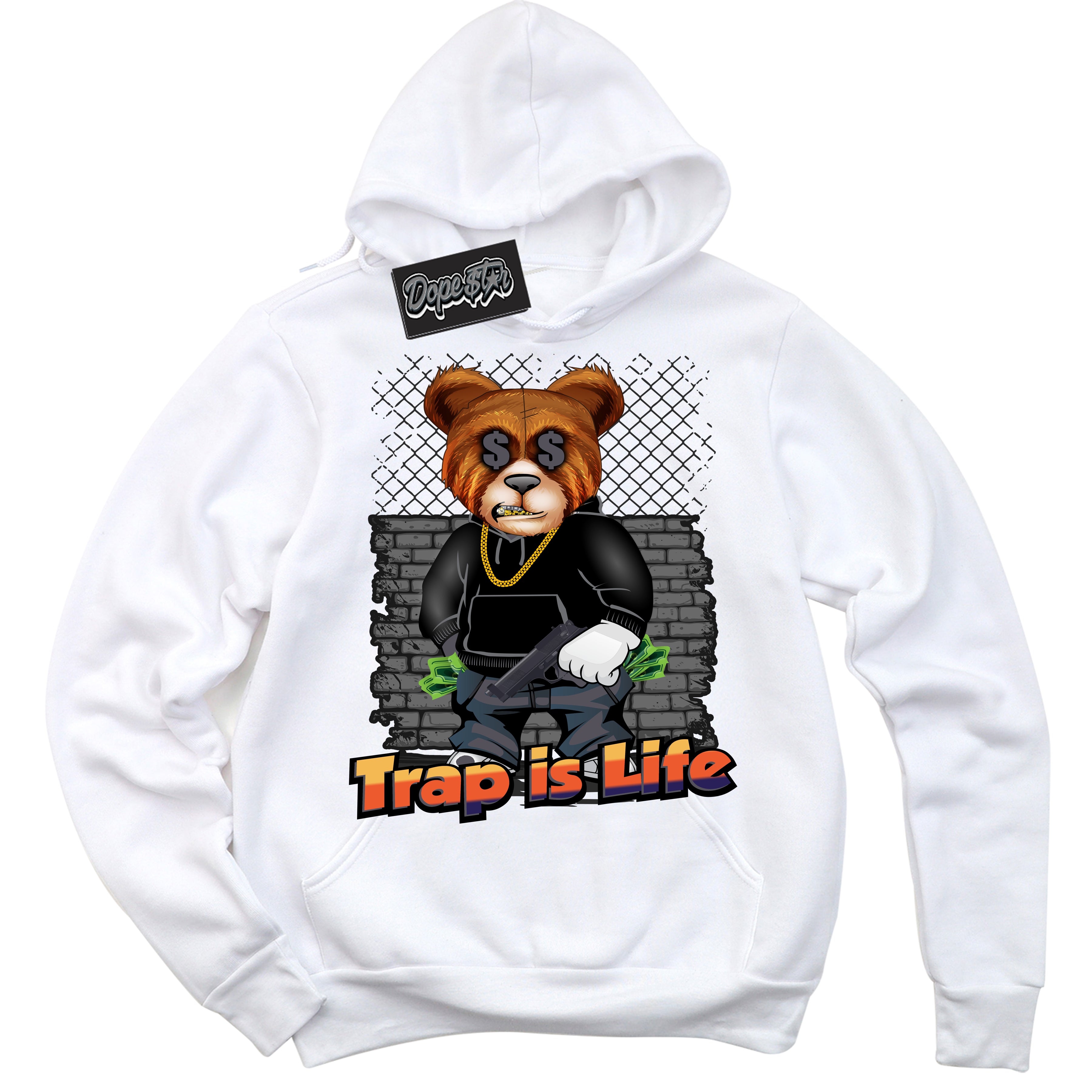 Cool White Hoodie with “ Trap Is Life ” design that Perfectly Matches J Balvin Rio 3s Sneakers.