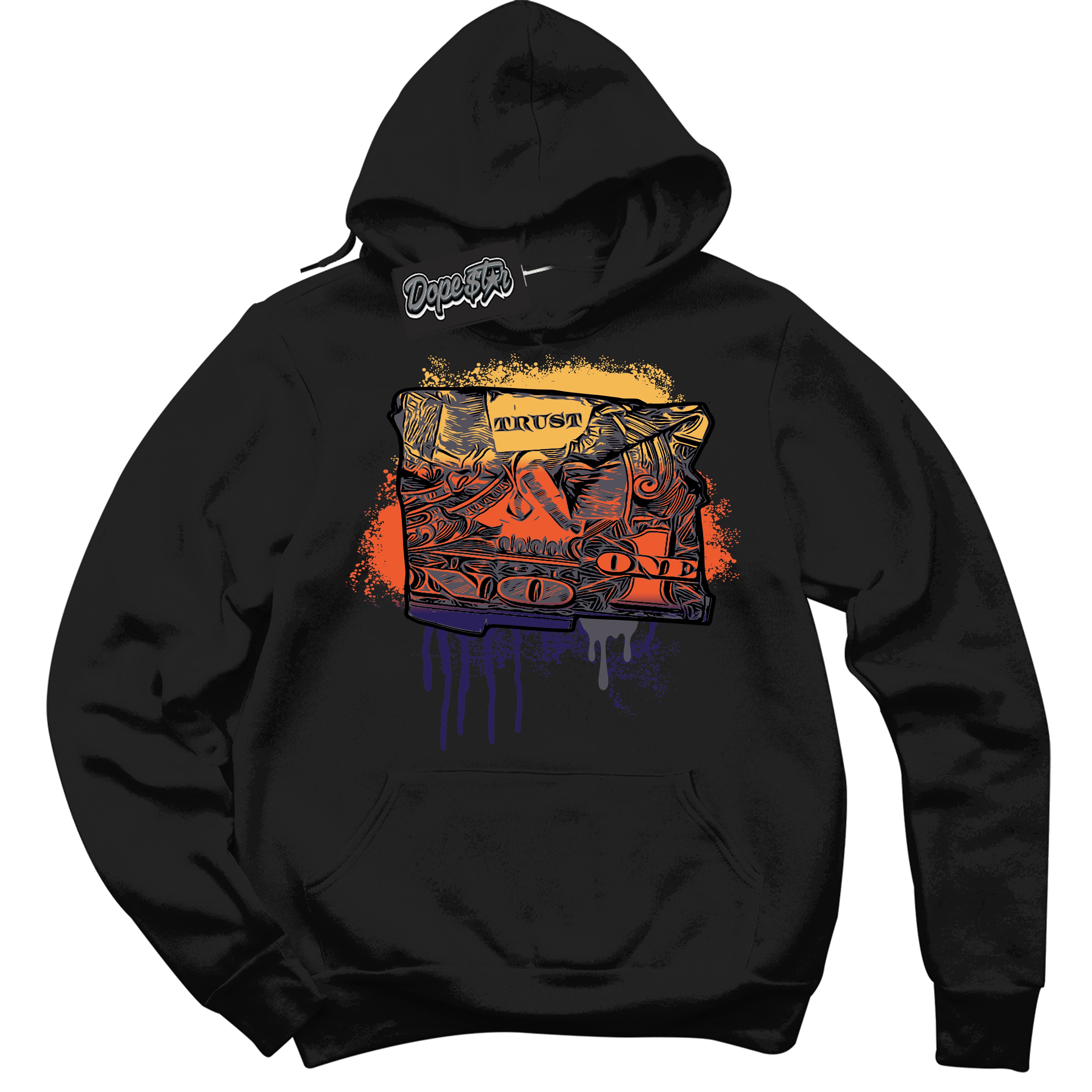 Cool Black Hoodie with “ Trust No One Dollar ” design that Perfectly Matches J Balvin Rio 3s Sneakers.