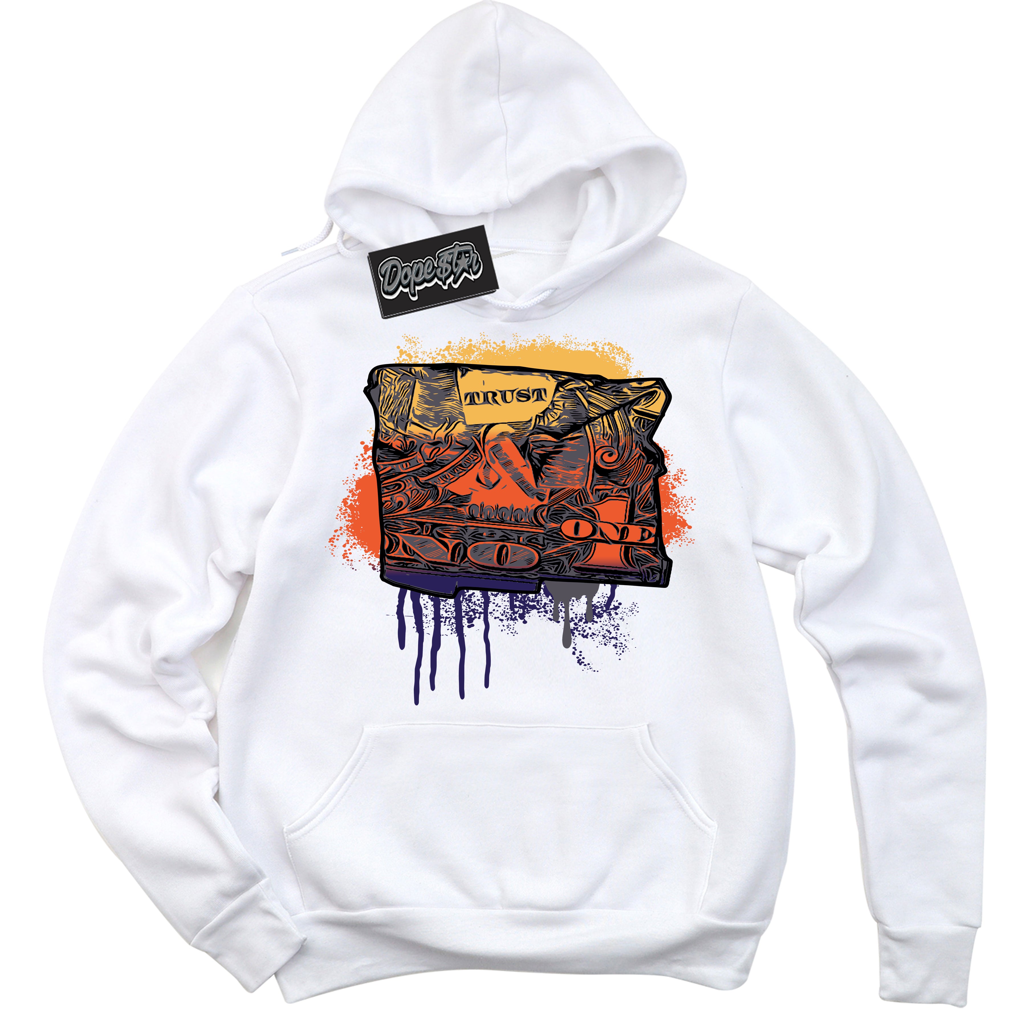Cool White Hoodie with “ Trust No One Dollar ” design that Perfectly Matches J Balvin Rio 3s Sneakers.