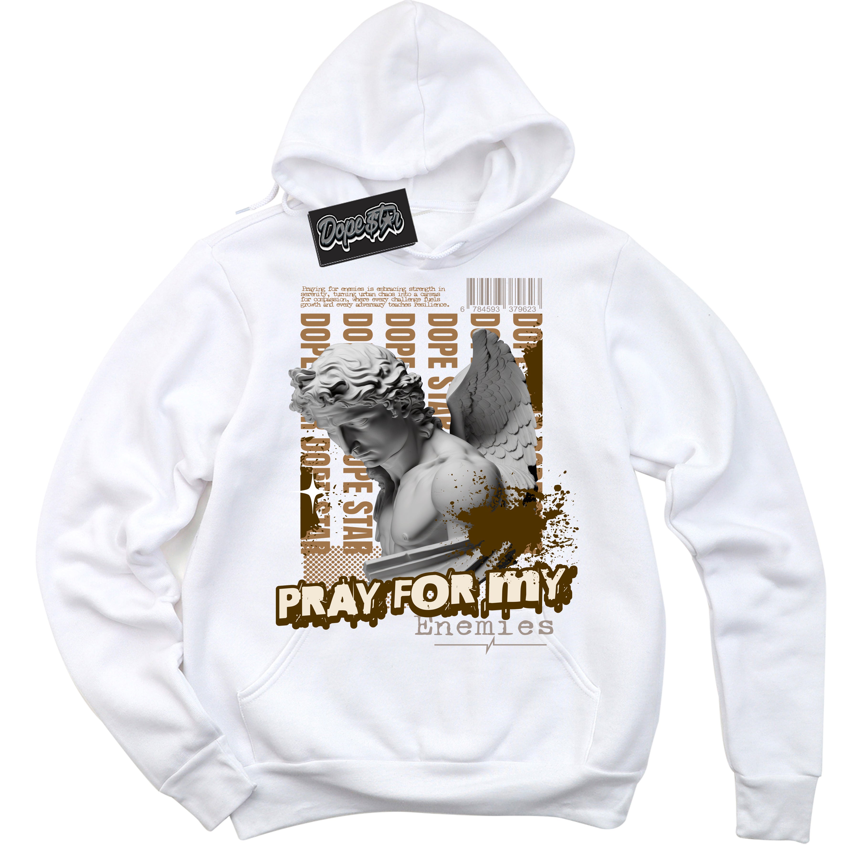Cool White Hoodie with “ Pray Enemies ” design that Perfectly Matches Palomino 3s Sneakers.