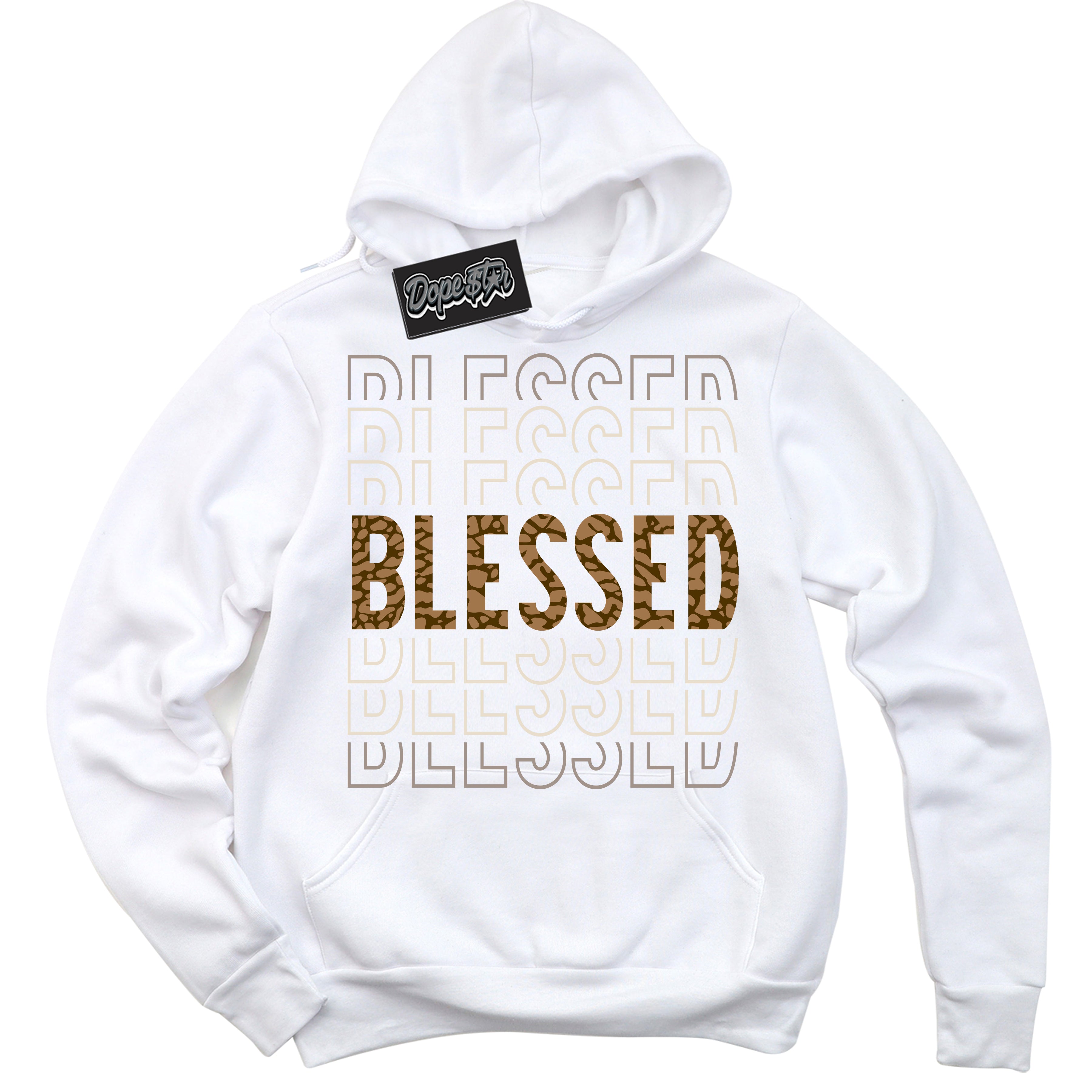 Cool White Graphic DopeStar Hoodie with “ Blessed Stacked “ print, that perfectly matches Palomino 3s sneakers