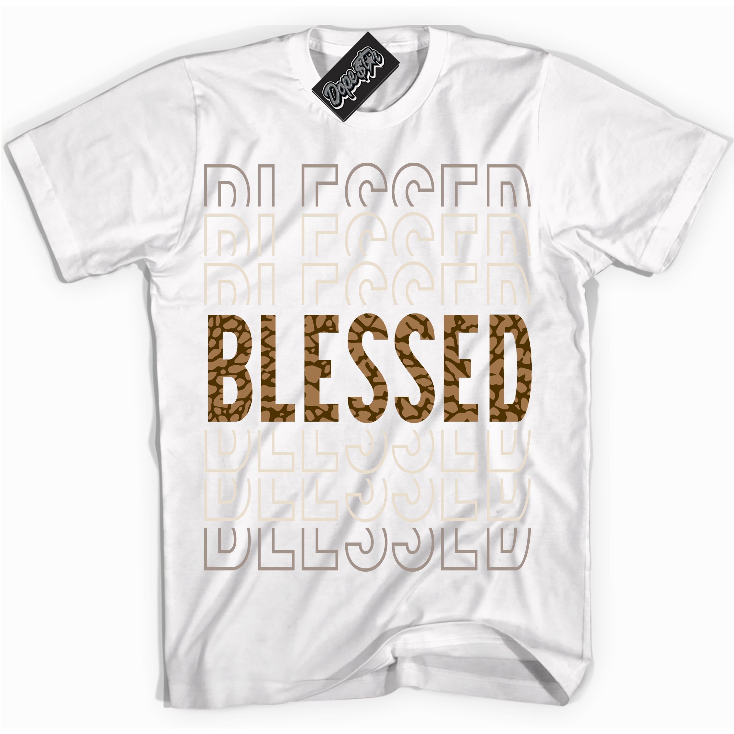 Cool White graphic tee with “ Blessed Stacked ” design, that perfectly matches Palomino 3s sneakers