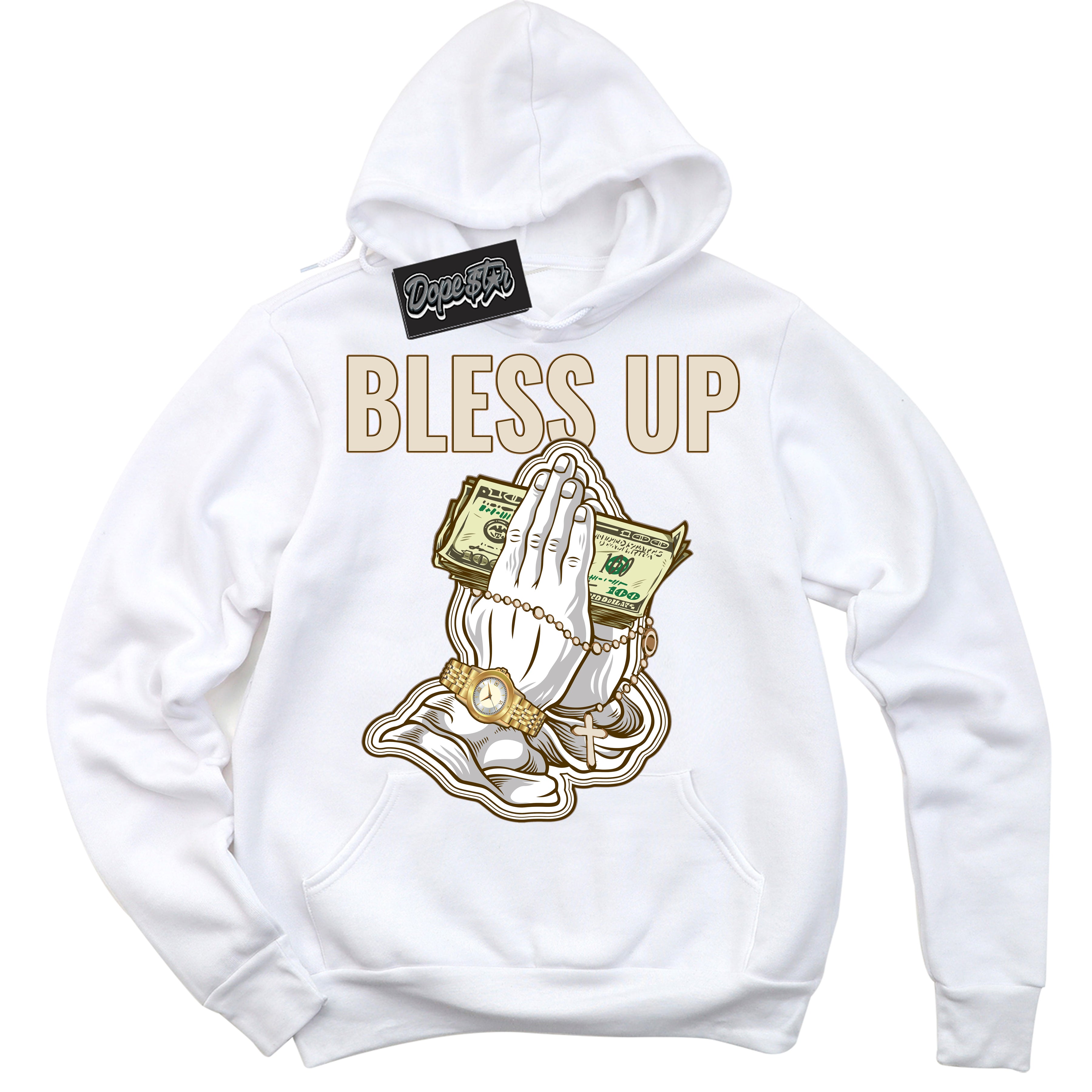 Cool White Graphic DopeStar Hoodie with “ Bless Up “ print, that perfectly matches Palomino 3s sneakers