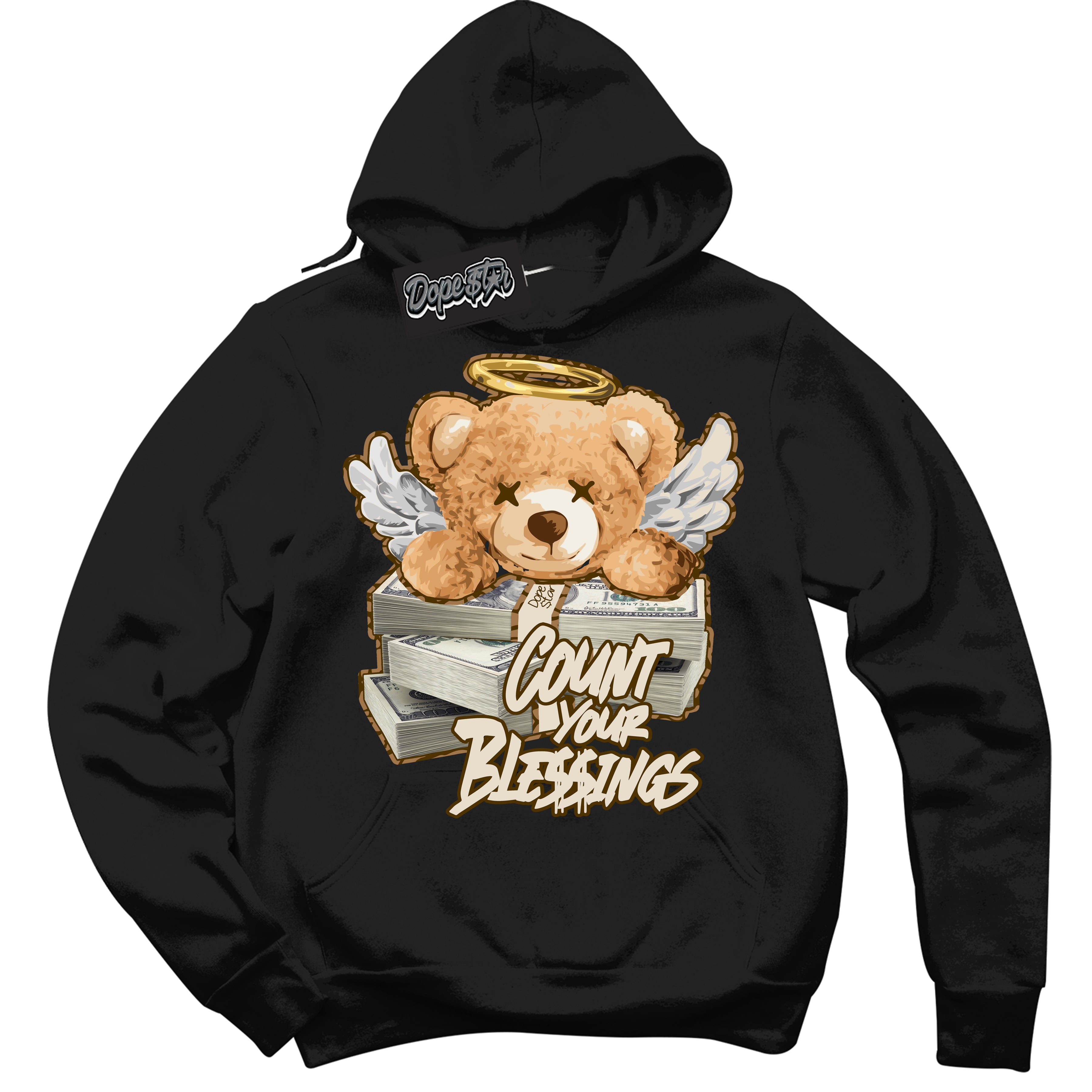 Cool Black Graphic DopeStar Hoodie with “ Count Your Blessings “ print, that perfectly matches Palomino 3s sneakers