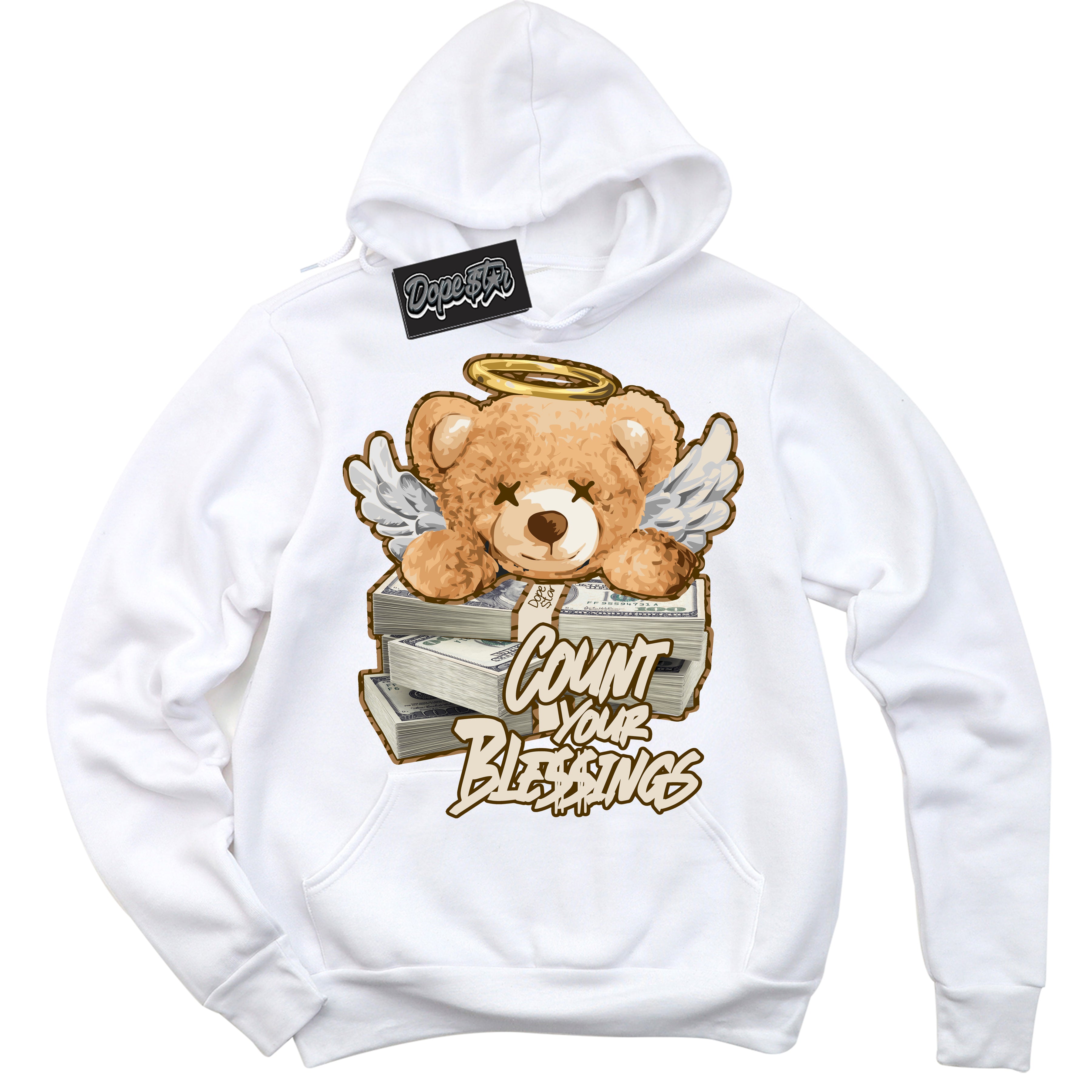 Cool White Graphic DopeStar Hoodie with “ Count Your Blessings “ print, that perfectly matches Palomino 3s sneakers