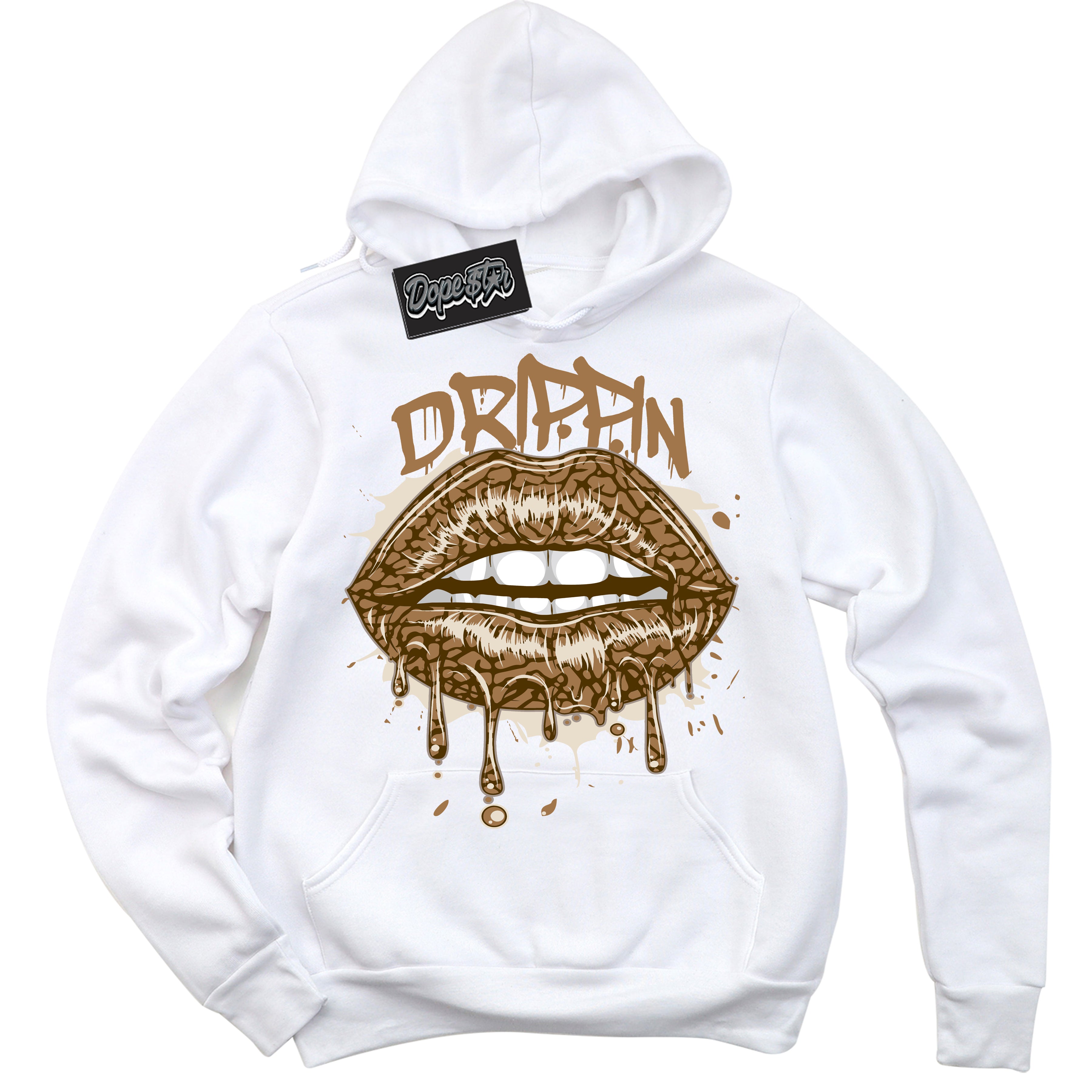 Cool White Graphic DopeStar Hoodie with “ Drippin “ print, that perfectly matches Palomino 3s sneakers