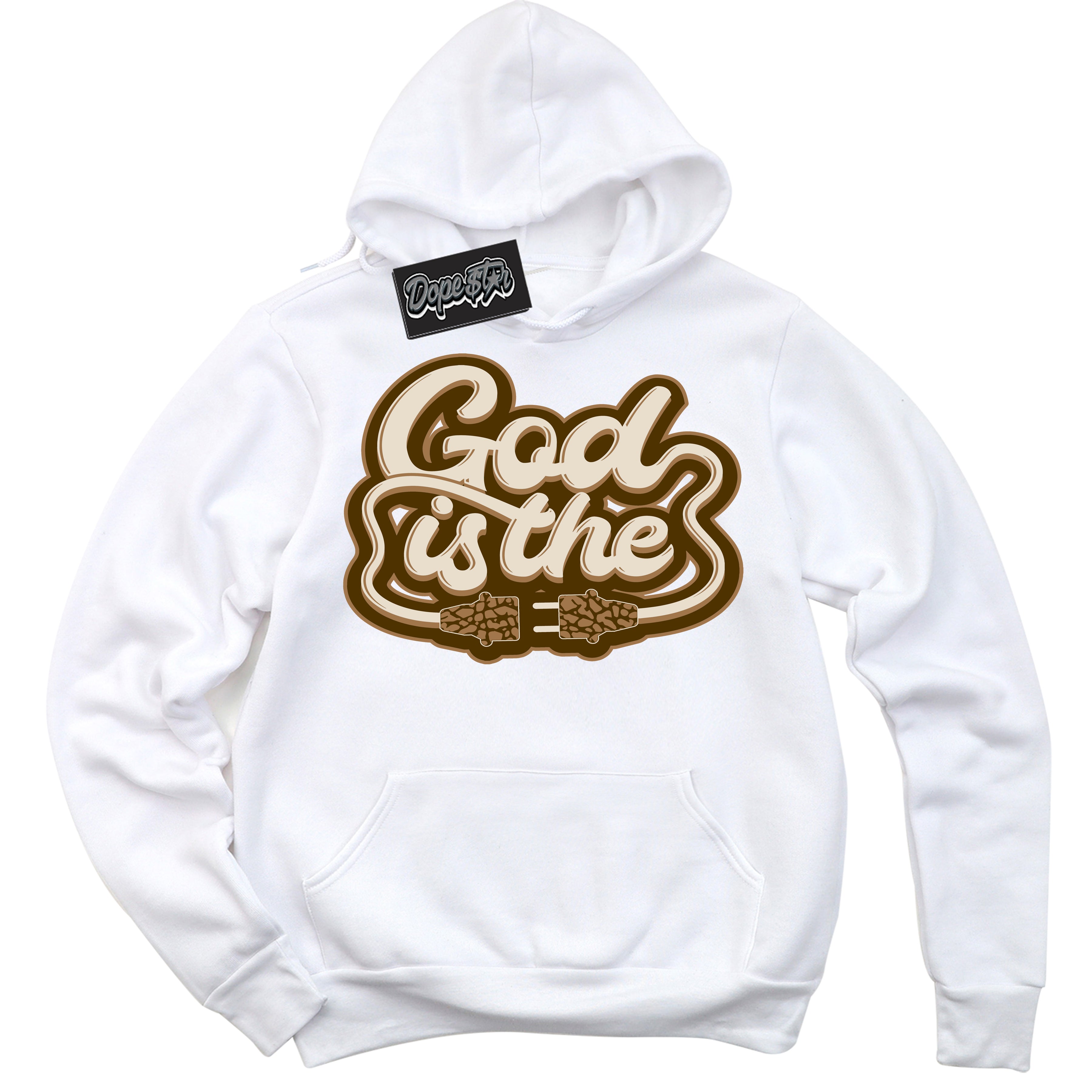 Cool White Graphic DopeStar Hoodie with “ God is The “ print, that perfectly matches Palomino 3s sneakers
