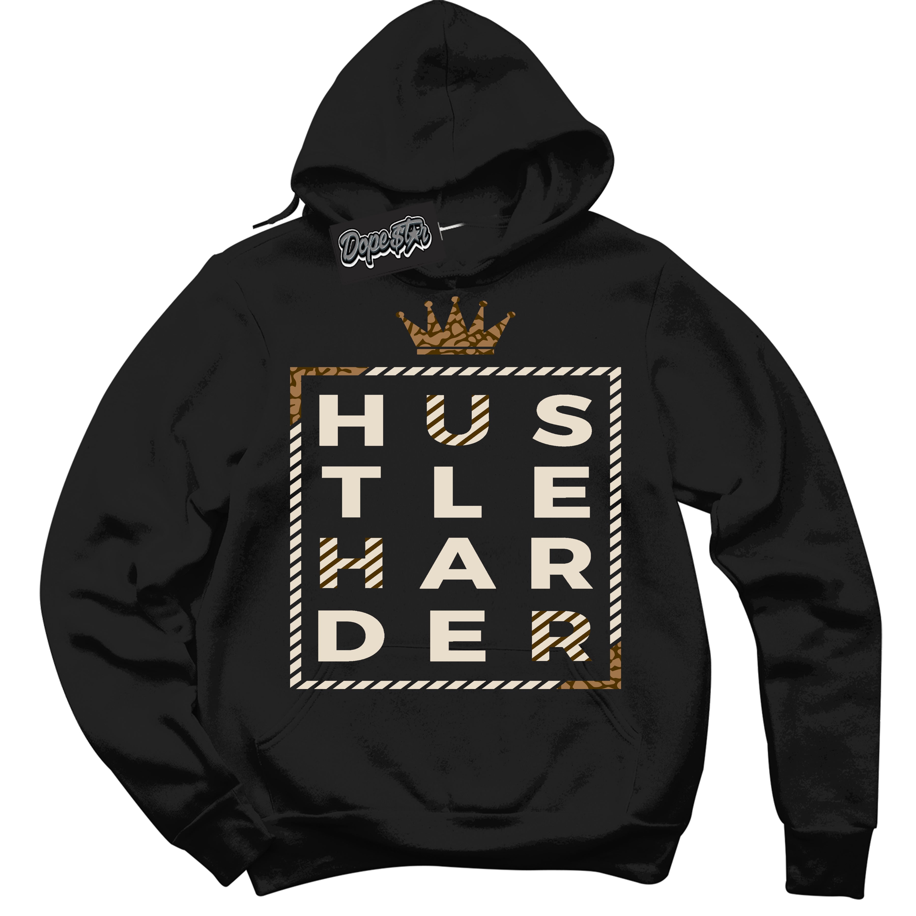 Cool Black Graphic DopeStar Hoodie with “ Hustle Harder “ print, that perfectly matches Palomino 3s sneakers