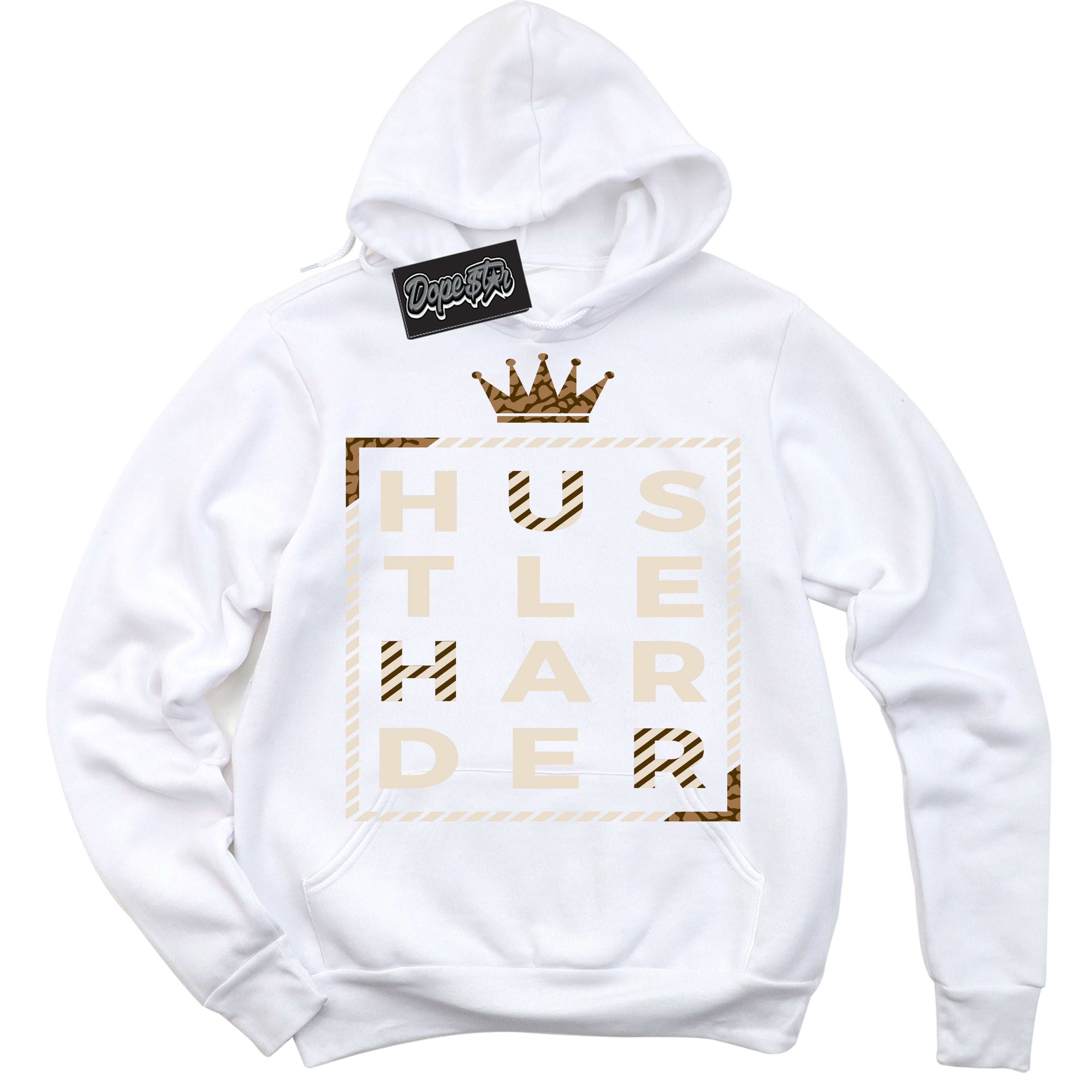 Cool White Graphic DopeStar Hoodie with “ Hustle Harder “ print, that perfectly matches Palomino 3s sneakers