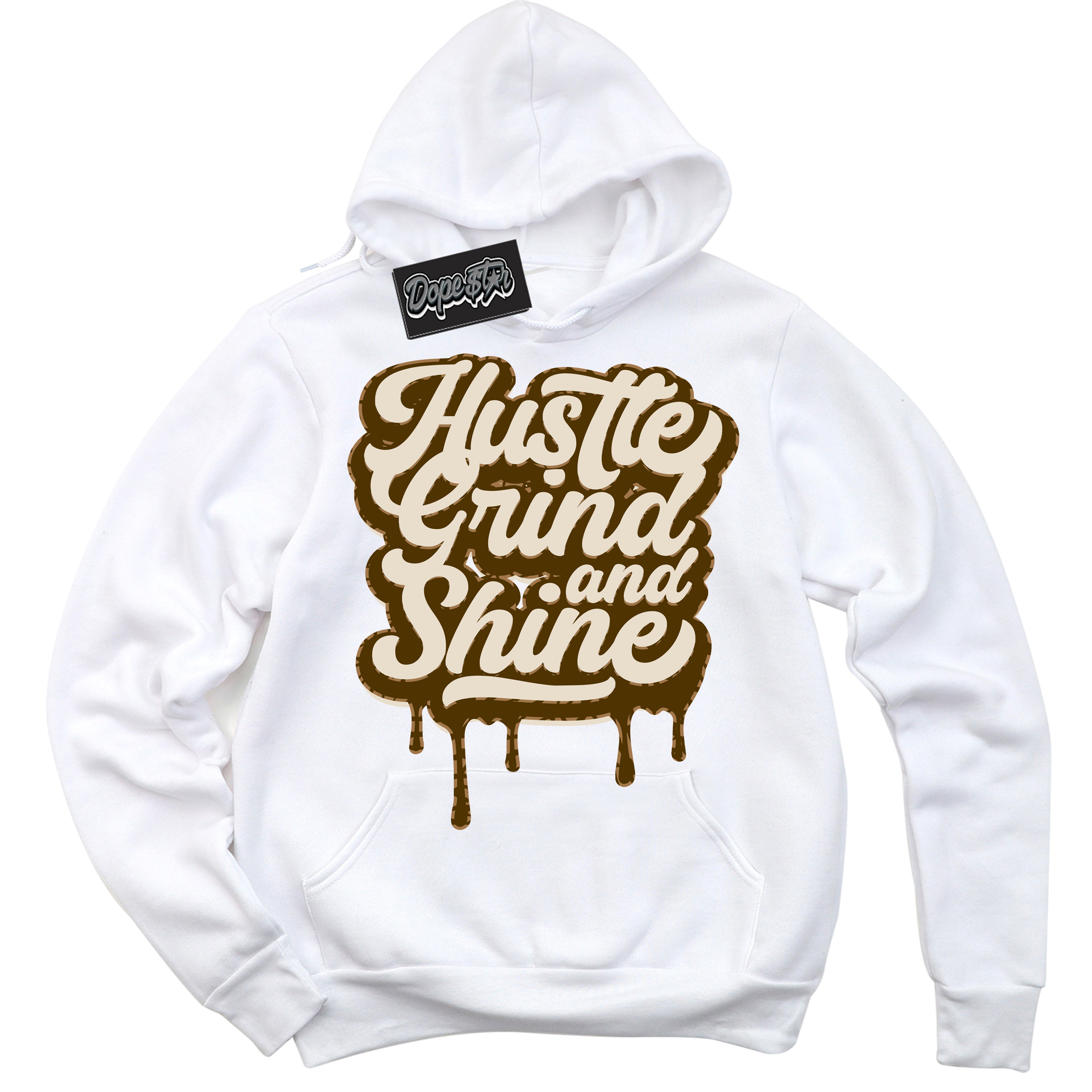 Cool White Graphic DopeStar Hoodie with “ Hustle Grind And Shine “ print, that perfectly matches Palomino 3s sneakers